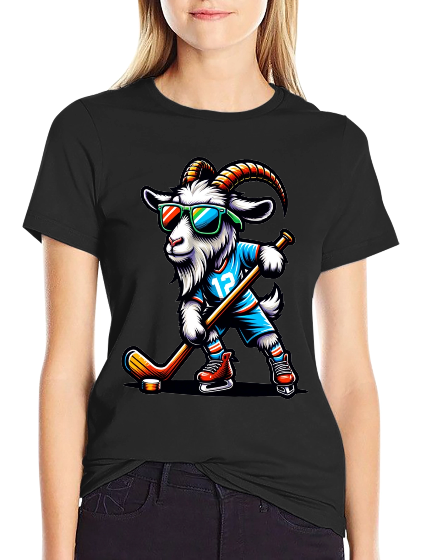 Goat Hockey Player Graphic T-Shirt