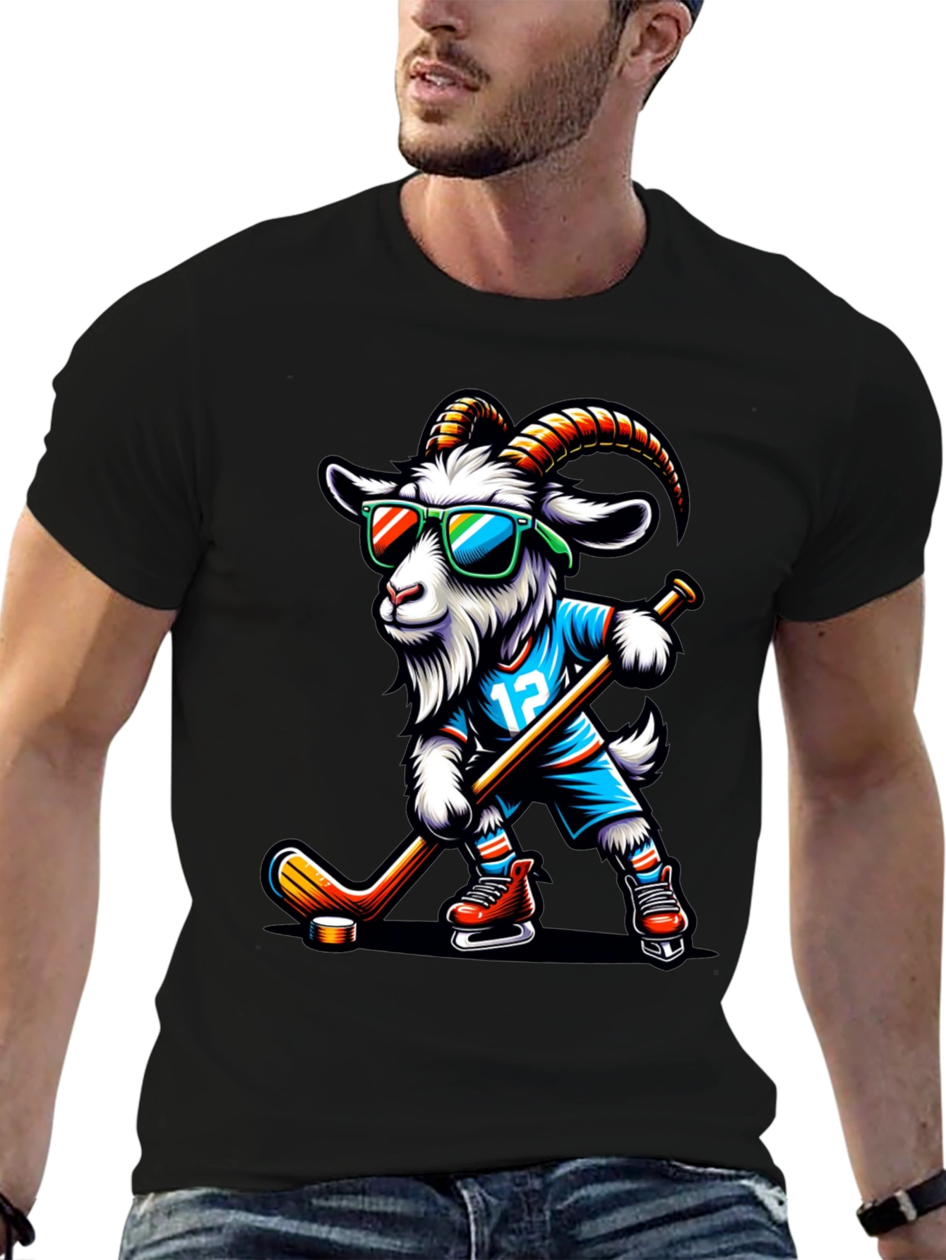 Goat Hockey Player Graphic T-Shirt