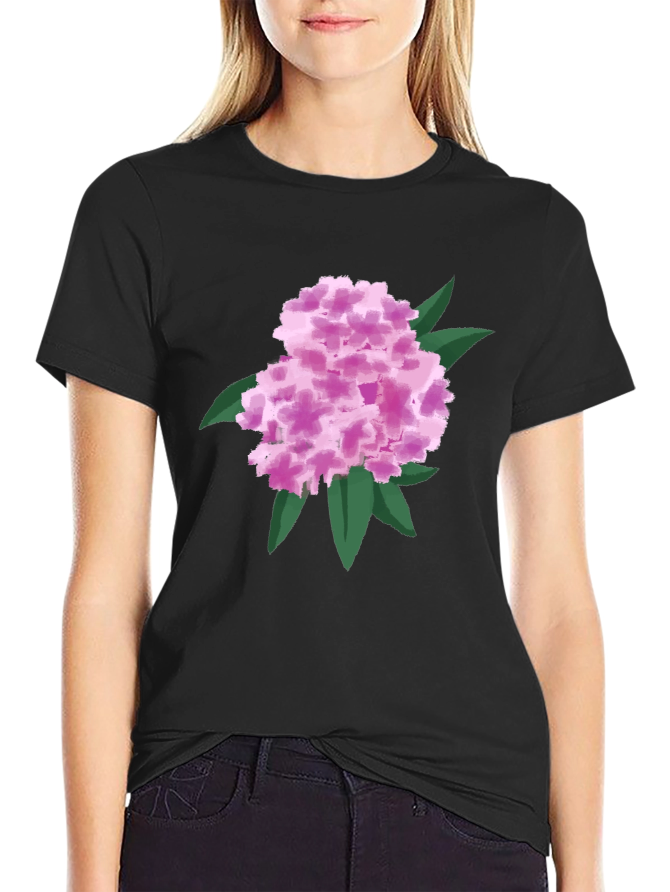 Floral Graphic Tee - Pink Hydrangea Black T-Shirt
