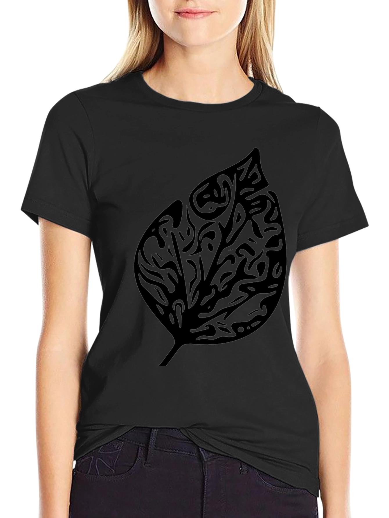 Tribal Leaf Graphic Print Black T-Shirt