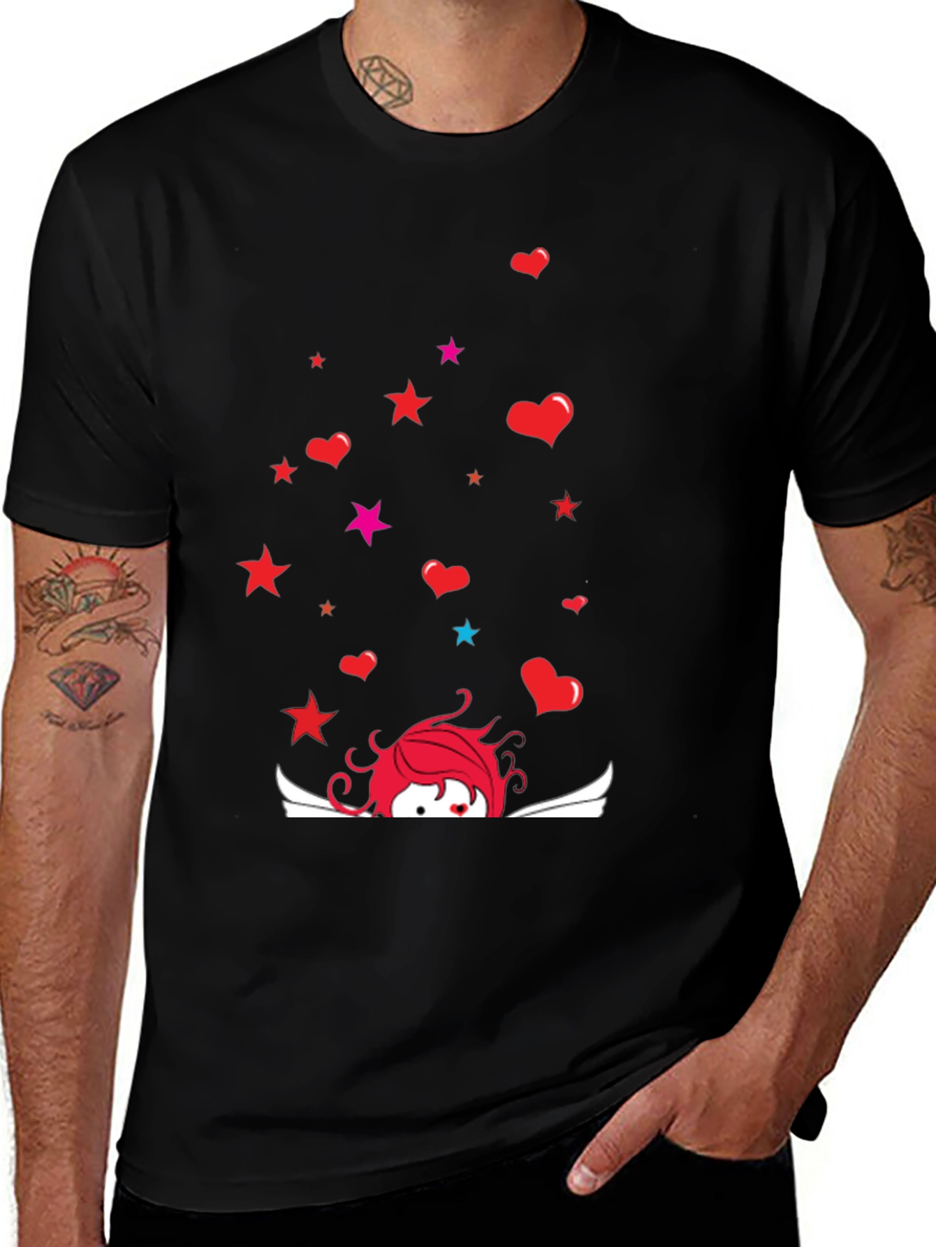 Cupid Star Heart Graphic Black T-Shirt