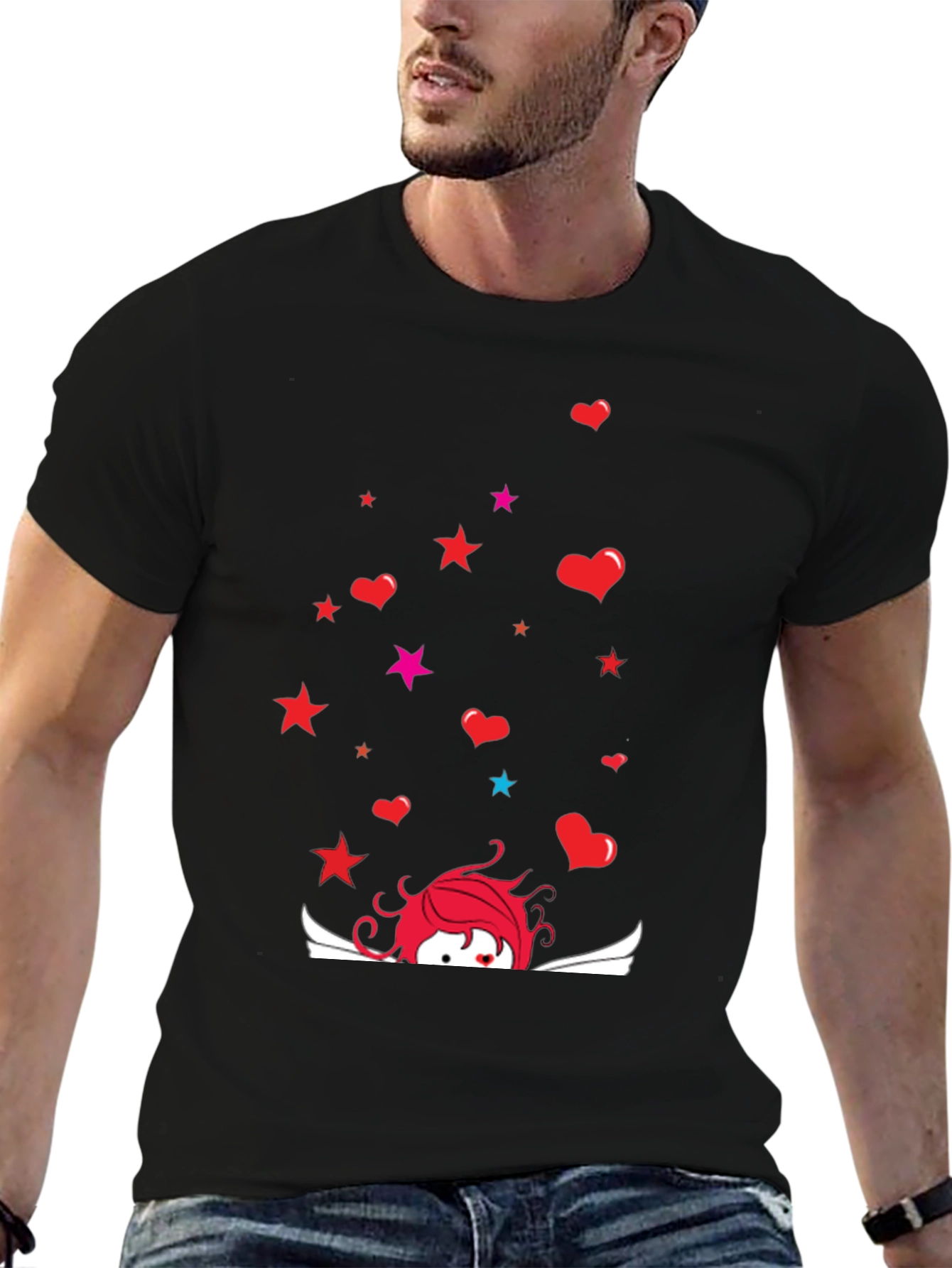 Cupid Star Heart Graphic Black T-Shirt