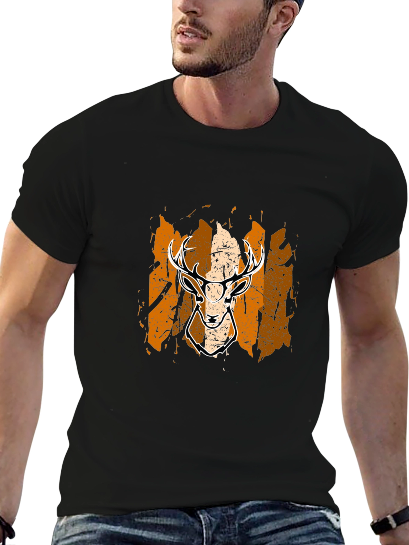 Deer Graphic Tee - Black Cotton Blend Casual Shirt