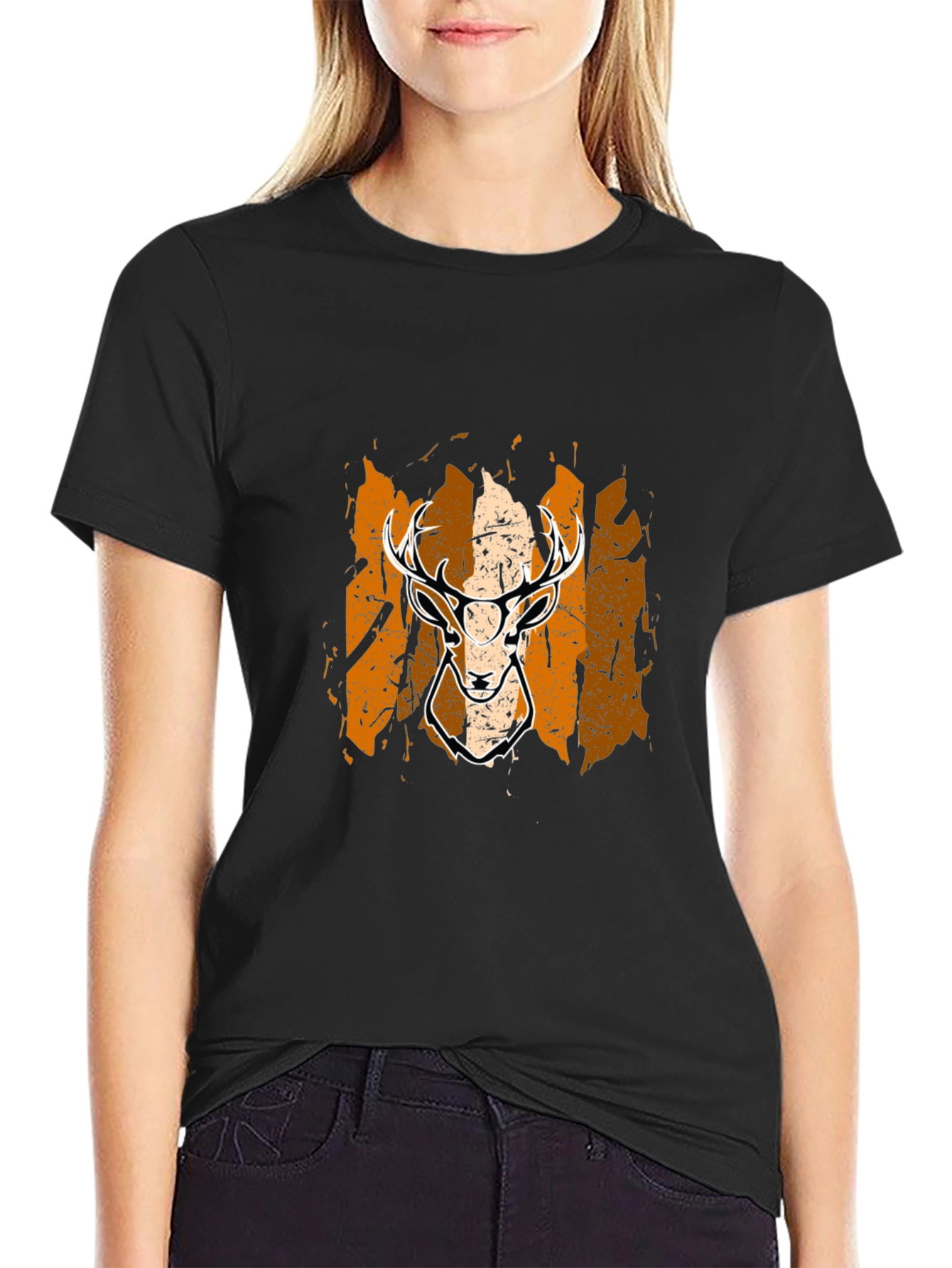 Deer Graphic Tee - Black Cotton Blend Casual Shirt