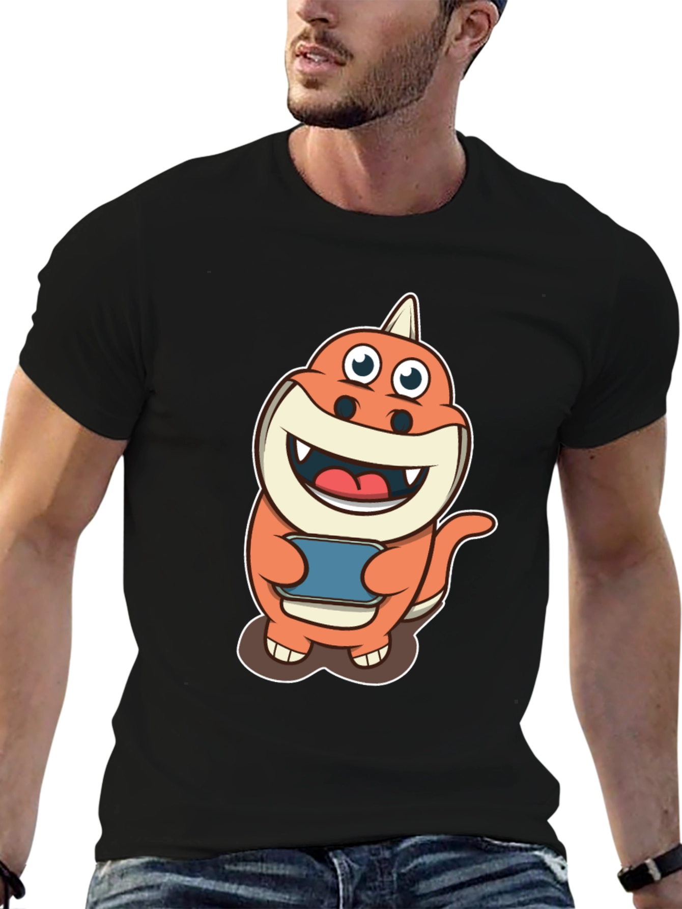 Cartoon Dino Gamer T-Shirt - Black Cotton Tee