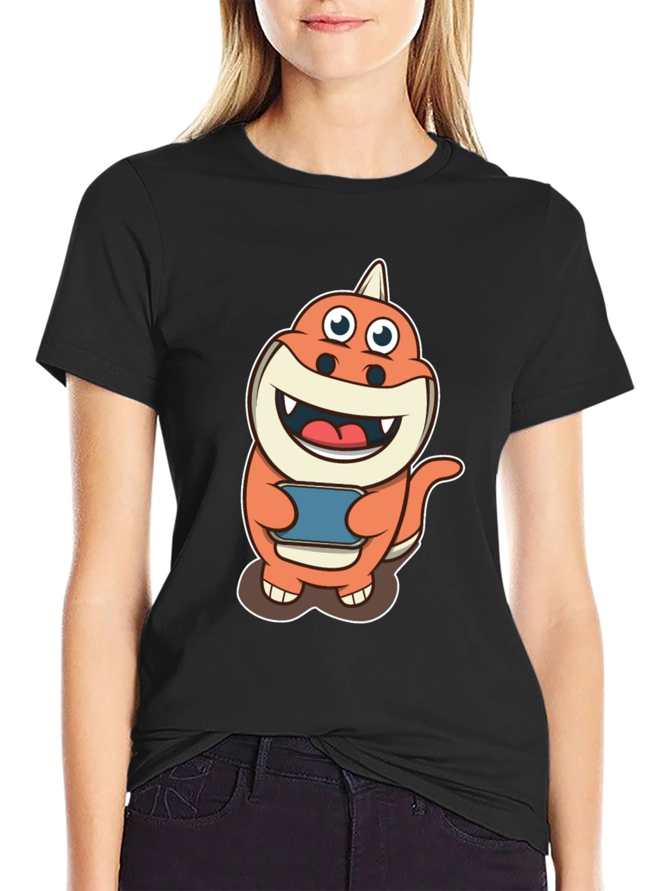 Cartoon Dino Gamer T-Shirt - Black Cotton Tee