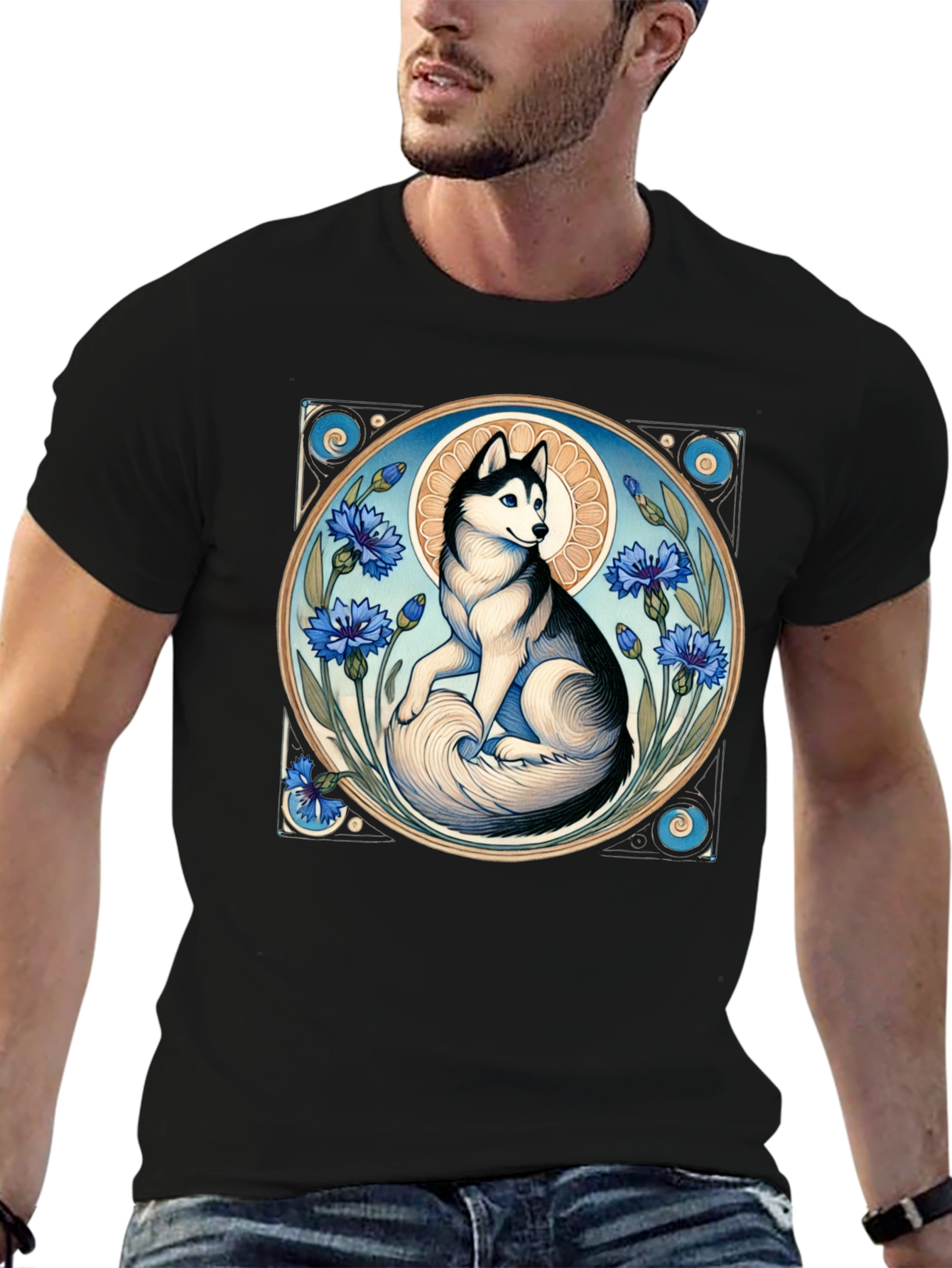 Husky Art Nouveau Black T-Shirt