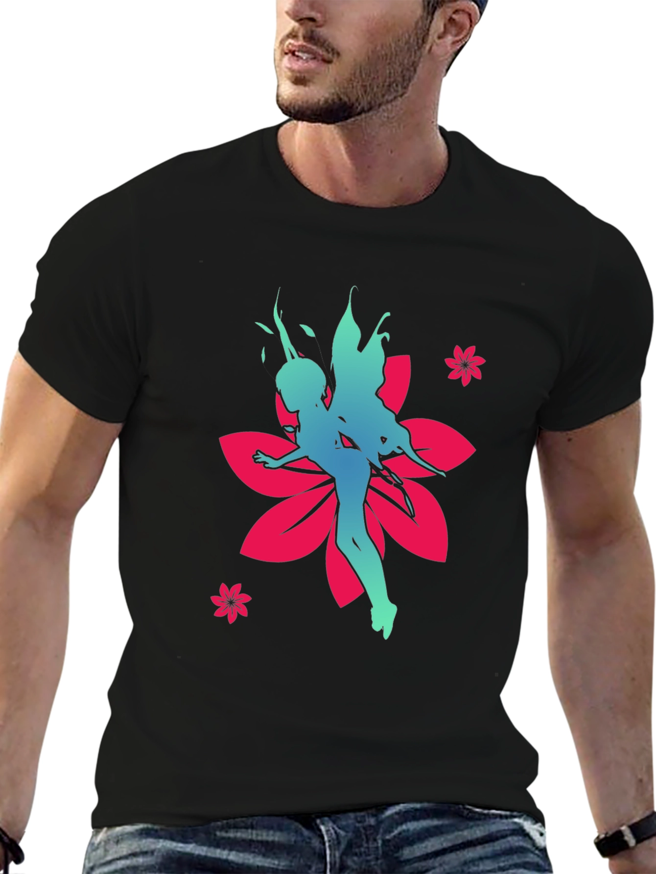 Fairy Flower Graphic Tee - Stylish Black Cotton T-Shirt
