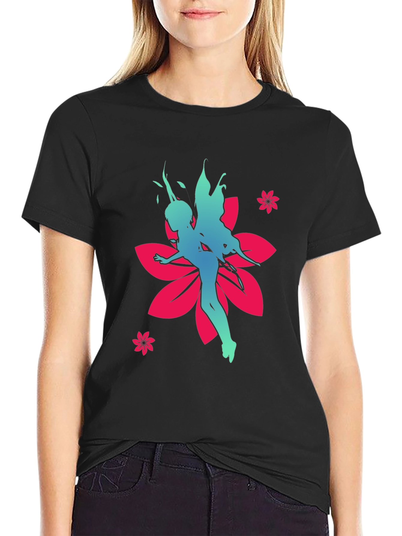 Fairy Flower Graphic Tee - Stylish Black Cotton T-Shirt