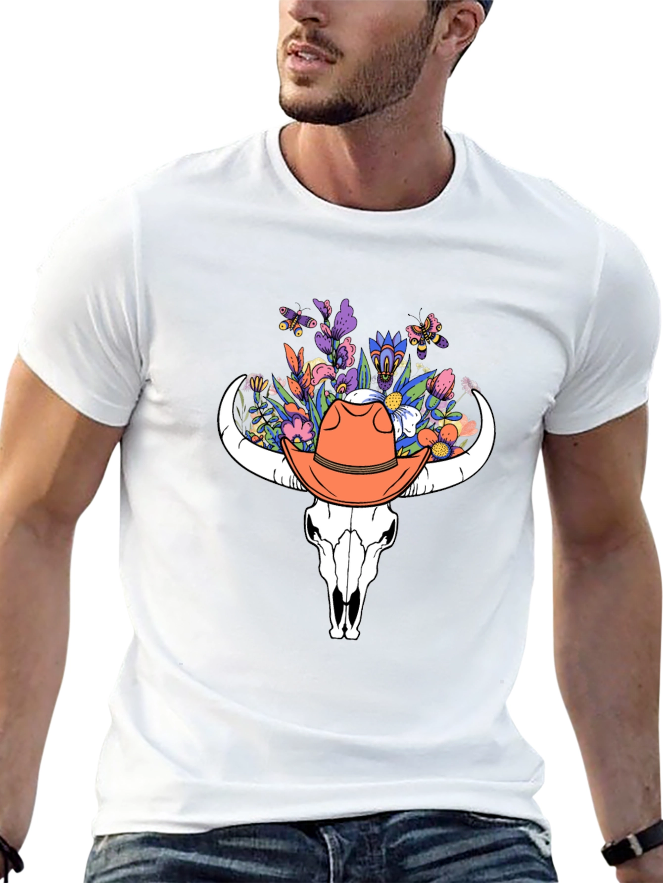 Floral Bull Skull Tee - Western Style