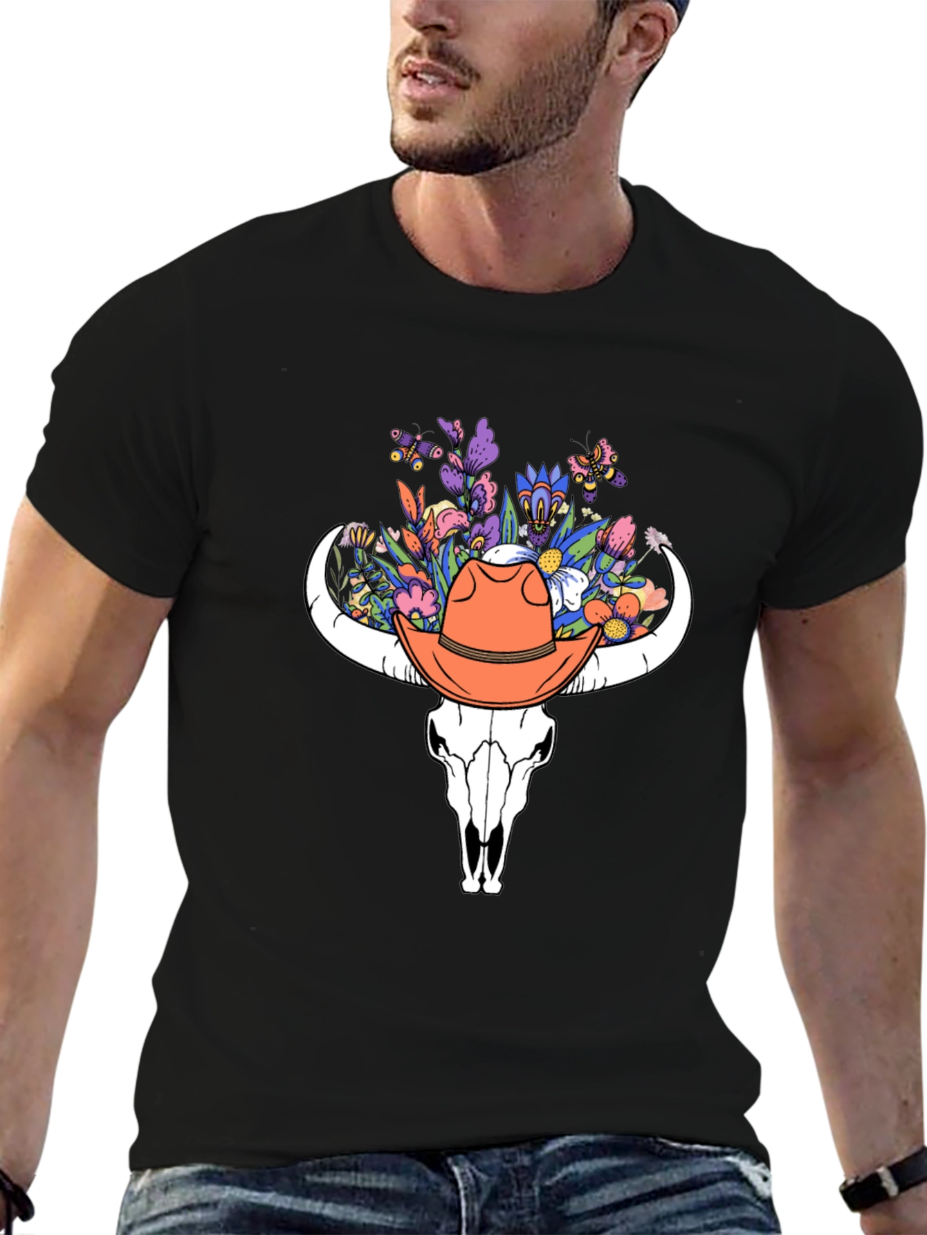 Floral Bull Skull Tee - Western Style