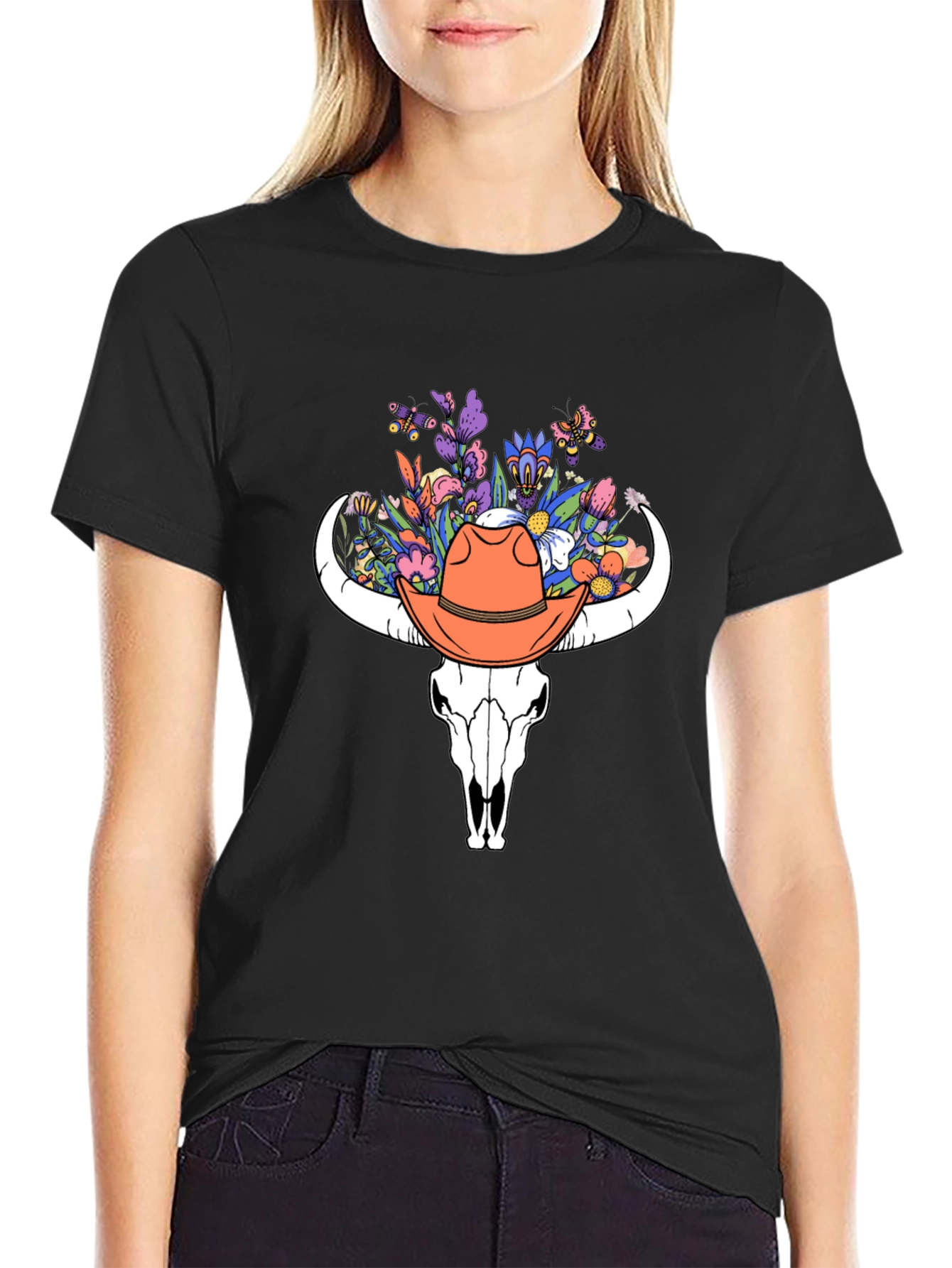 Floral Bull Skull Tee - Western Style