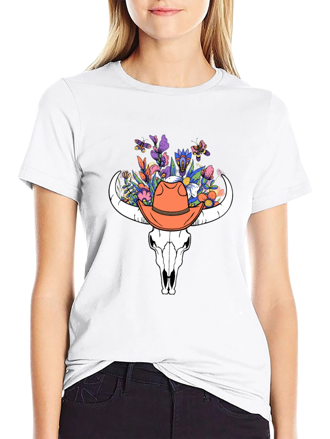 Floral Bull Skull Tee - Western Style