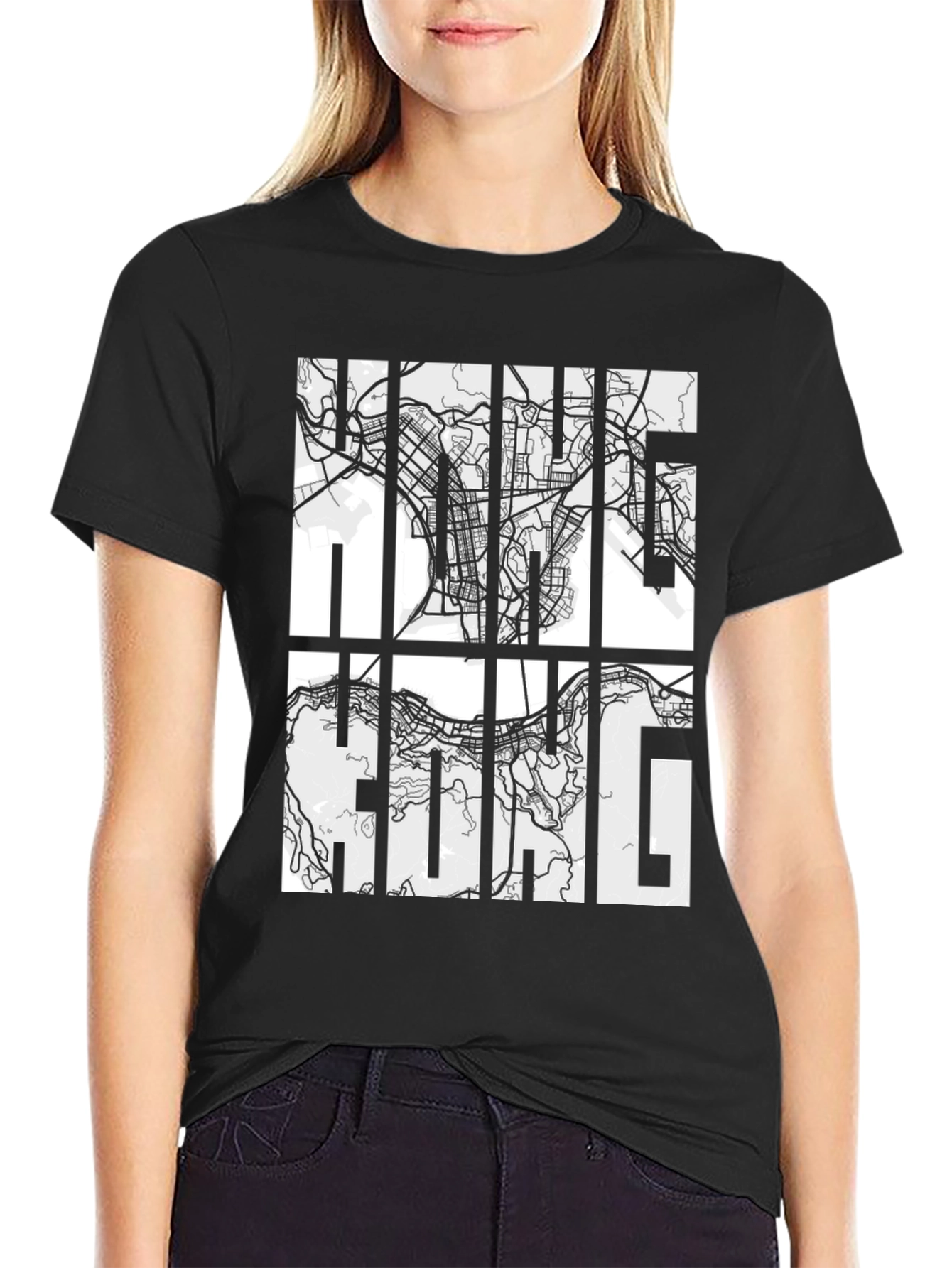 Hong Kong Map Graphic Black T-Shirt