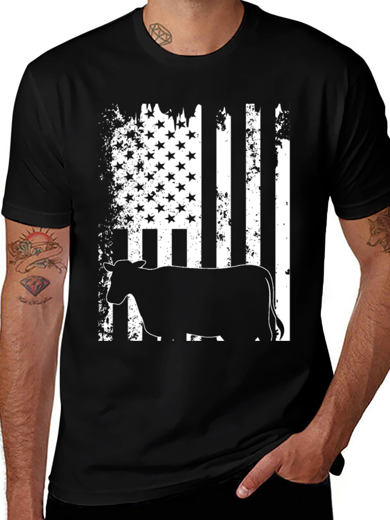 American Flag Cow Black T-Shirt