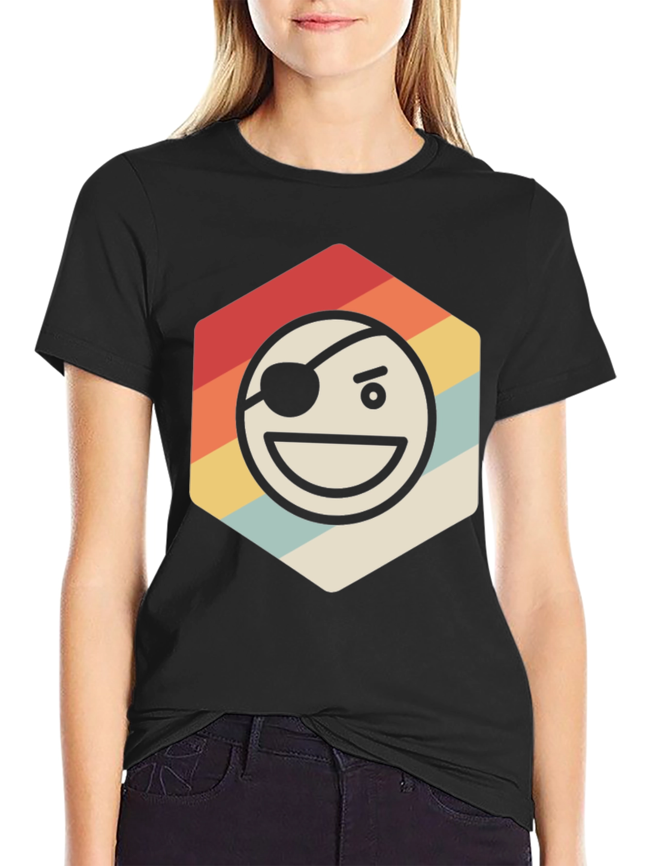 Pirate Emoji Retro Graphic T-Shirt - Black