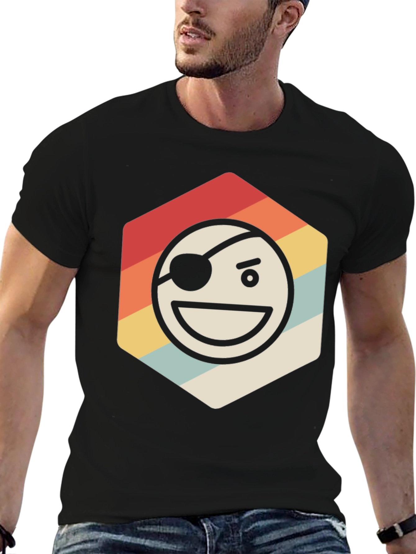 Pirate Emoji Retro Graphic T-Shirt - Black