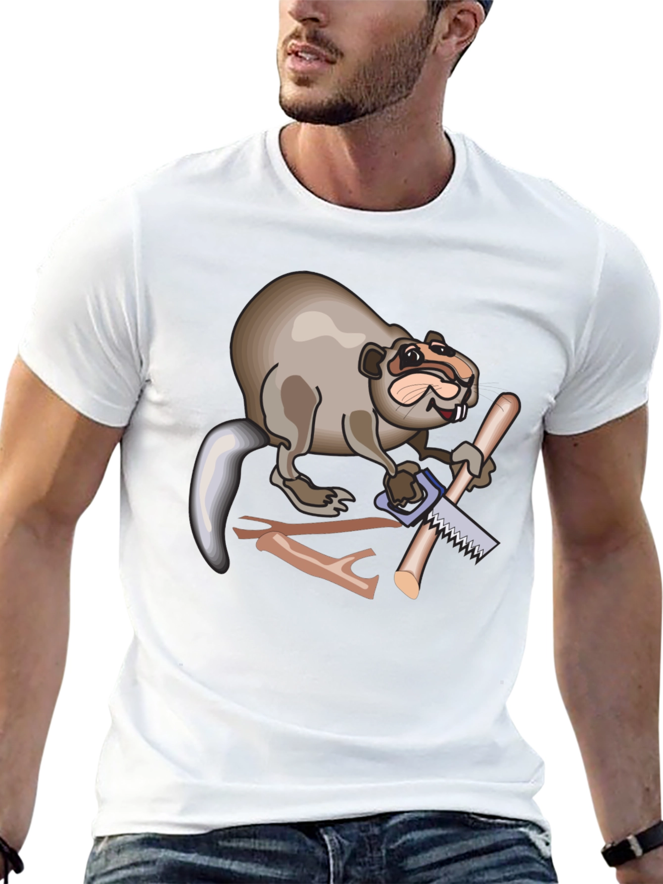 Funny Beaver Sawing Wood Mens Black T-Shirt