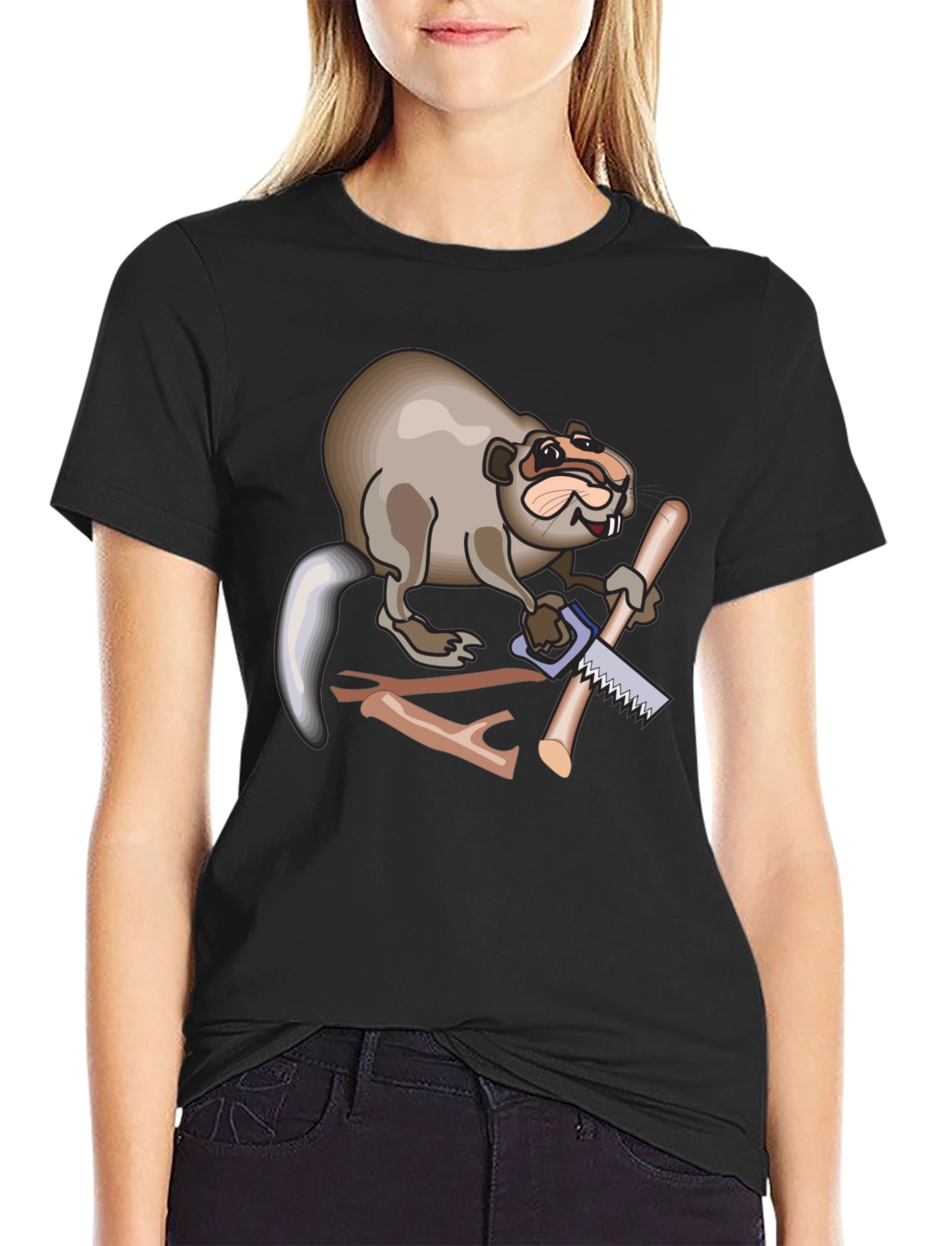 Funny Beaver Sawing Wood Mens Black T-Shirt