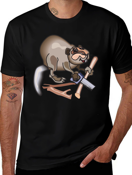 Funny Beaver Sawing Wood Mens Black T-Shirt