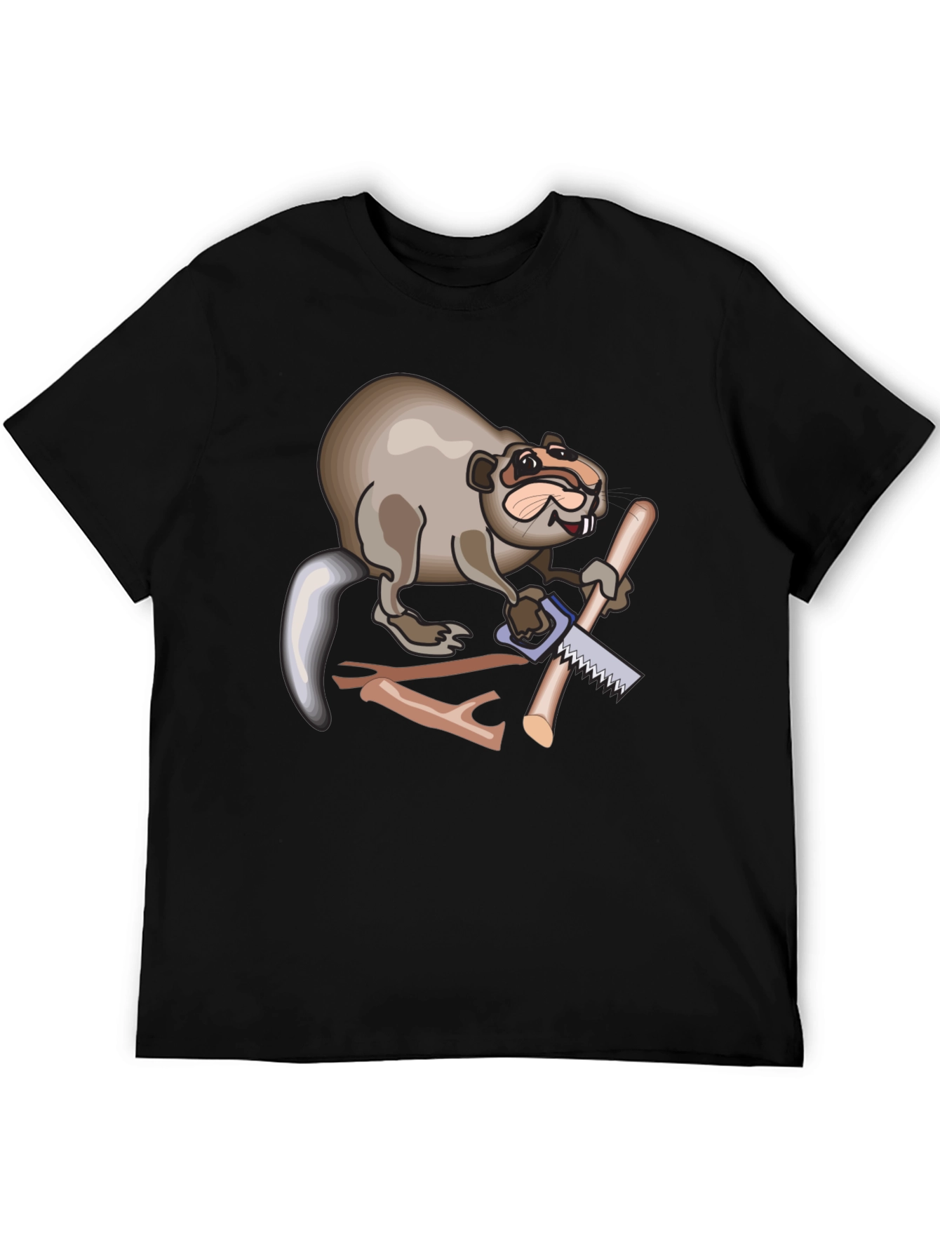 Funny Beaver Sawing Wood Mens Black T-Shirt