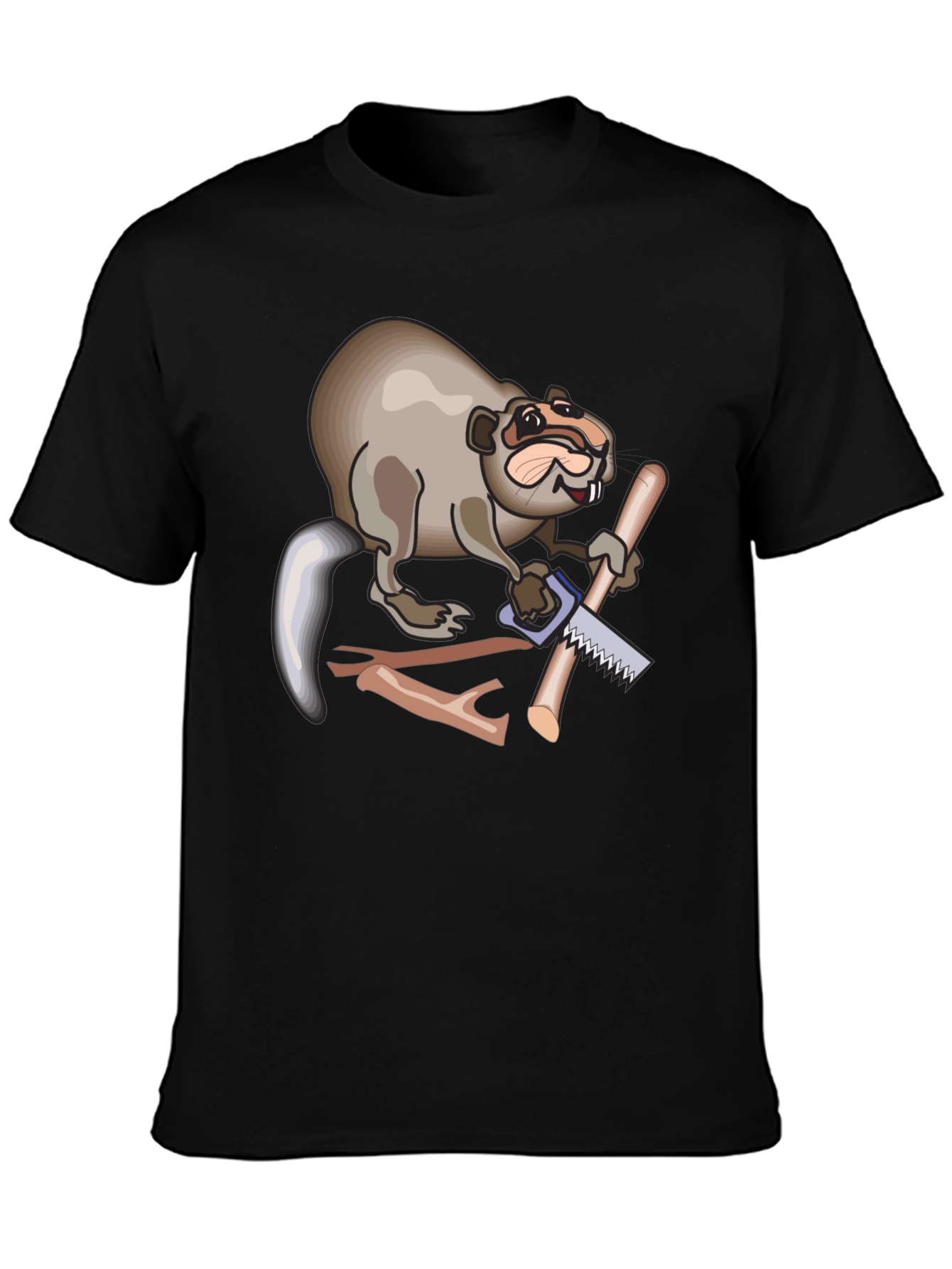 Funny Beaver Sawing Wood Mens Black T-Shirt