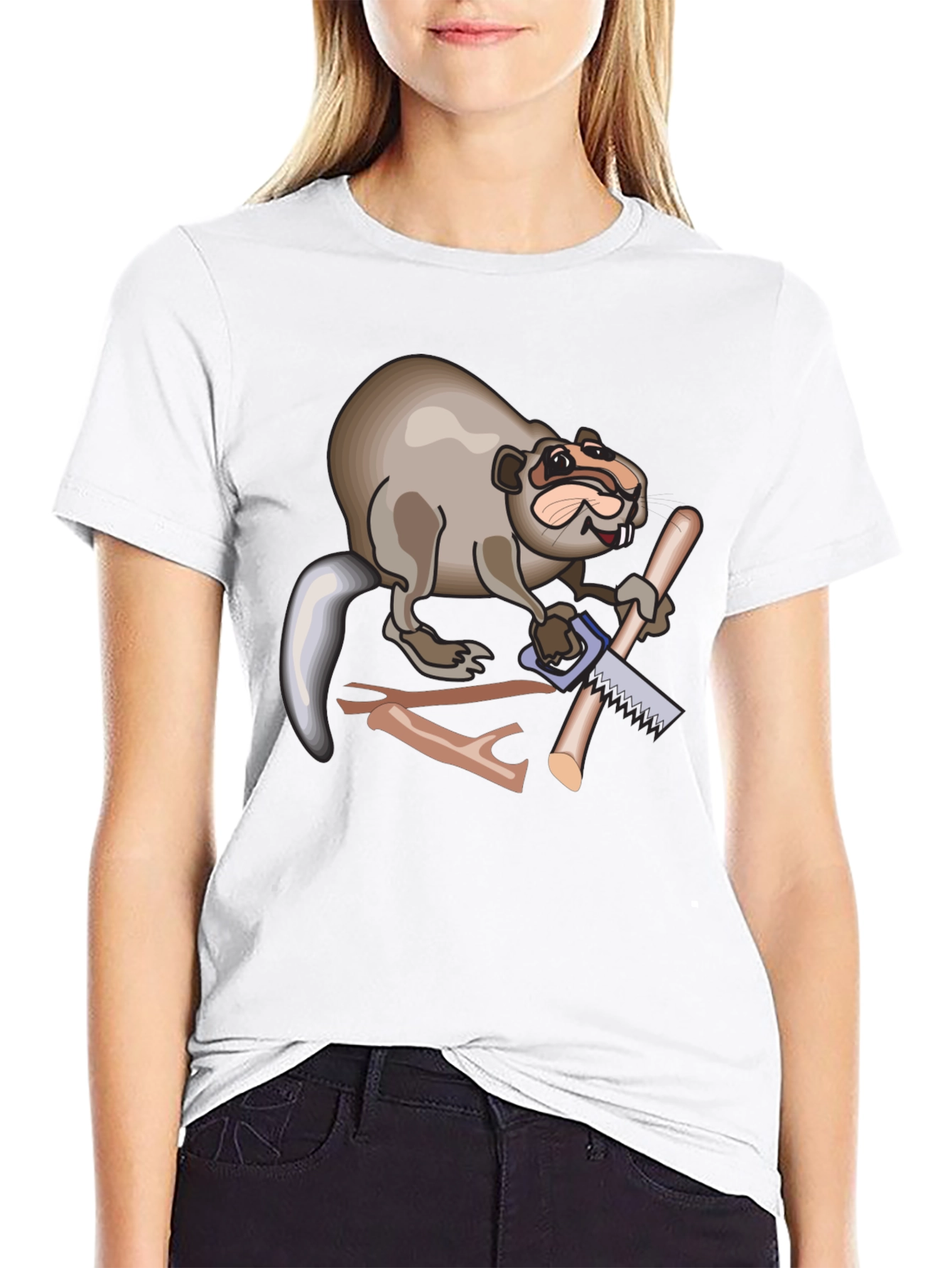 Funny Beaver Sawing Wood Mens Black T-Shirt