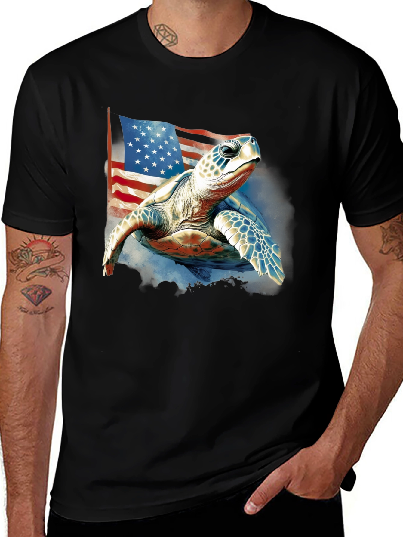 Patriotic Turtle USA Flag Graphic T-Shirt