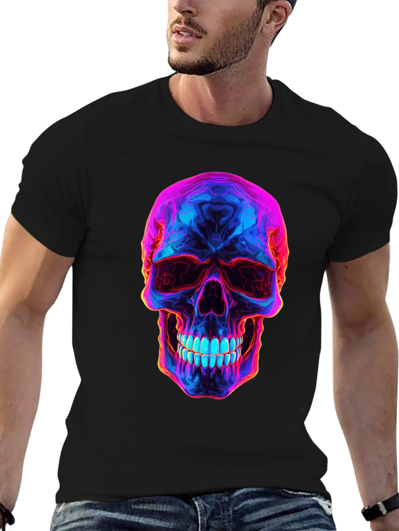 Neon Skull Graphic T-Shirt - Dark Style