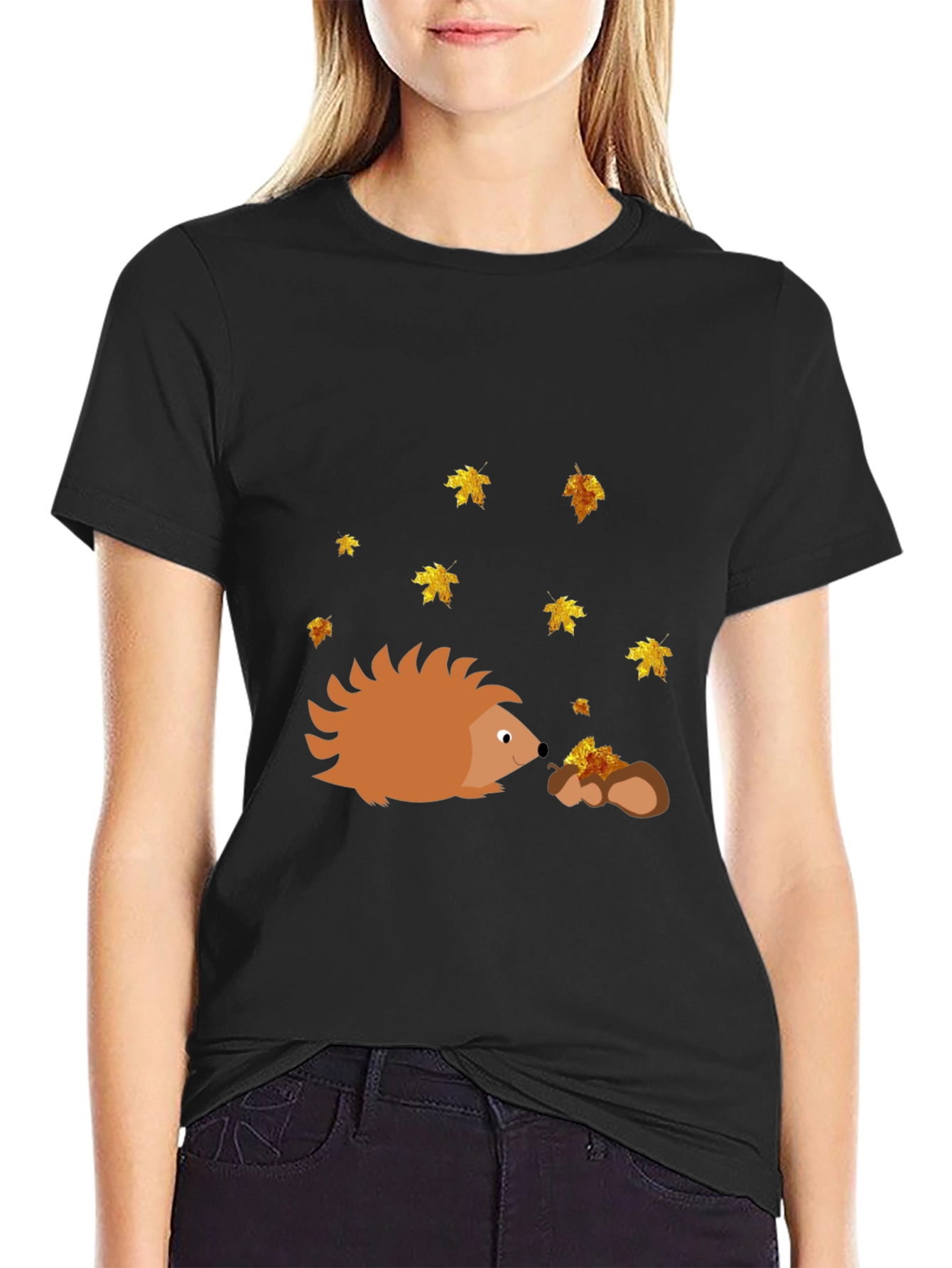 Hedgehog & Fall Leaves Black T-Shirt