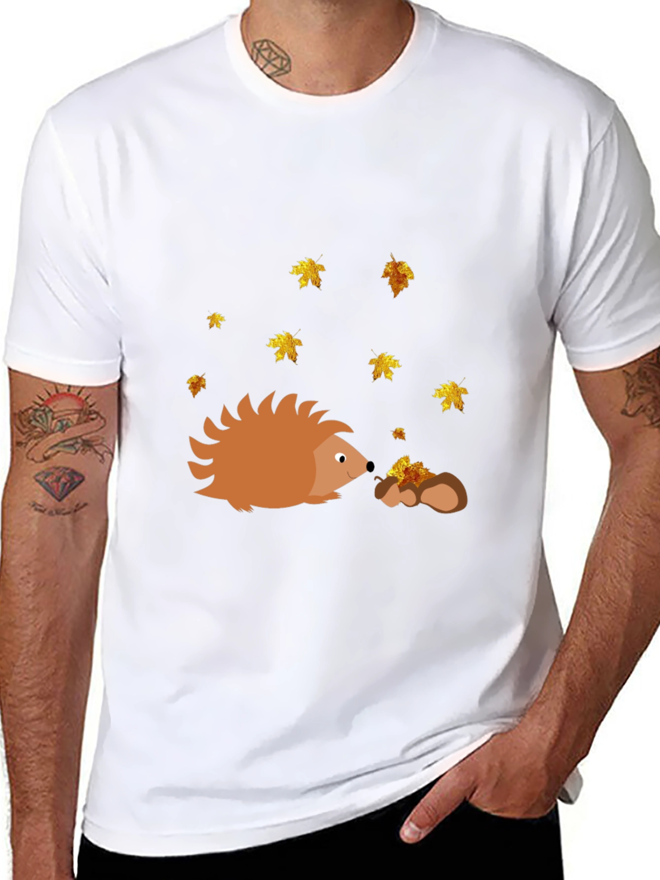 Hedgehog & Fall Leaves Black T-Shirt