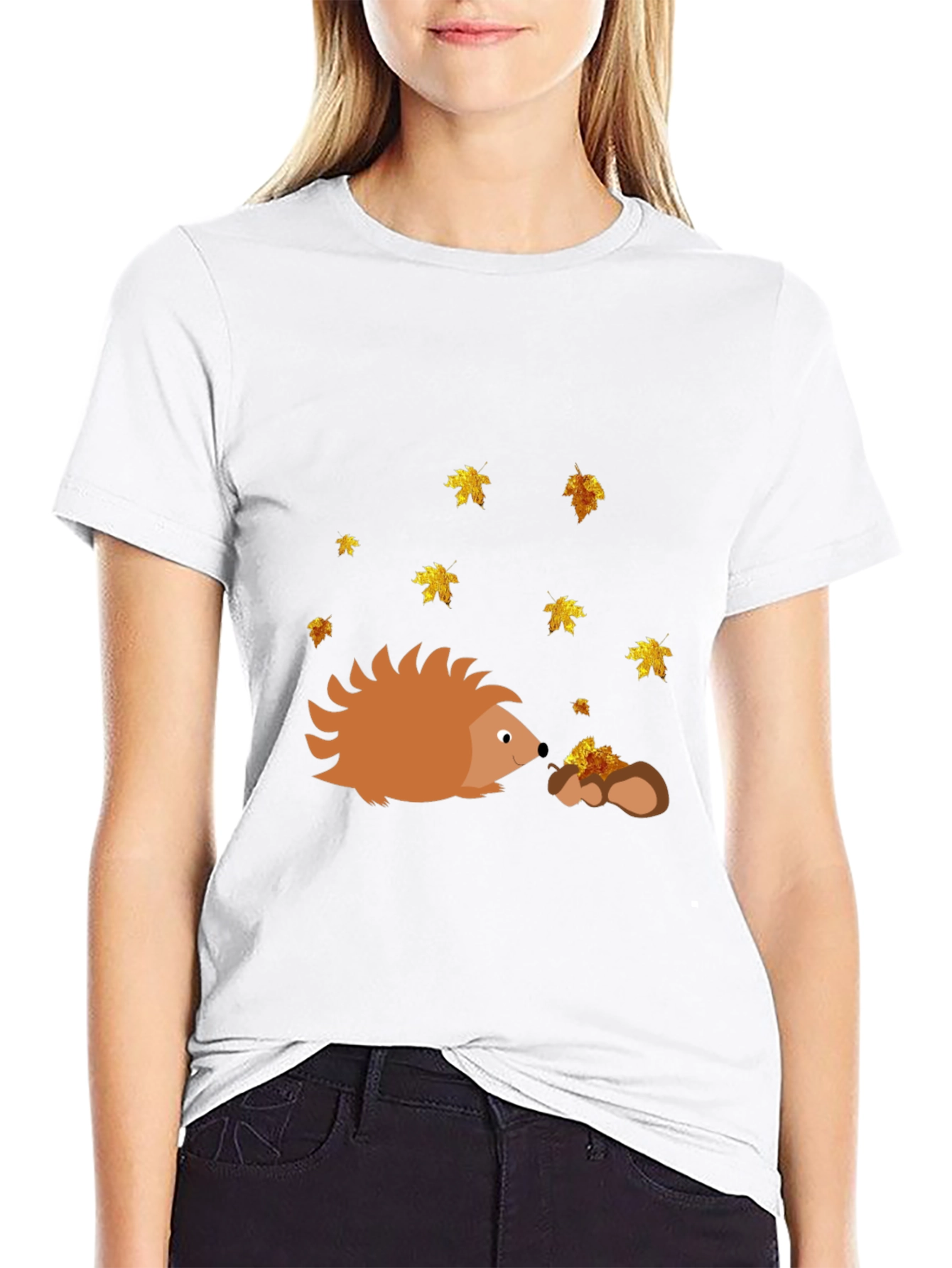 Hedgehog & Fall Leaves Black T-Shirt