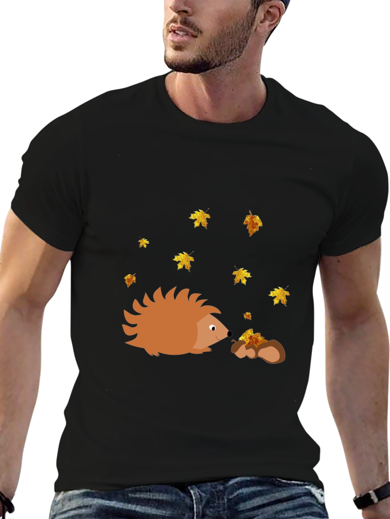 Hedgehog & Fall Leaves Black T-Shirt