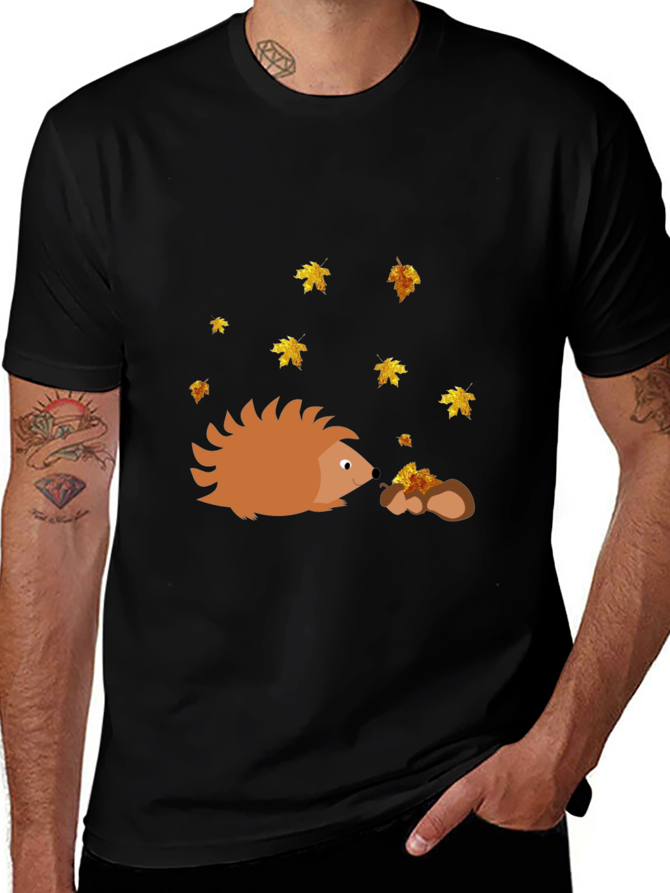 Hedgehog & Fall Leaves Black T-Shirt