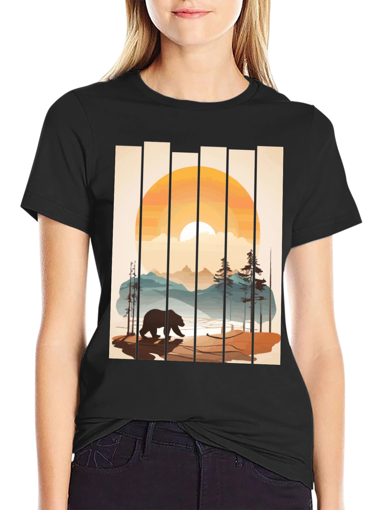 Bear Sunset Graphic Tee - Nature Inspired Black T-Shirt