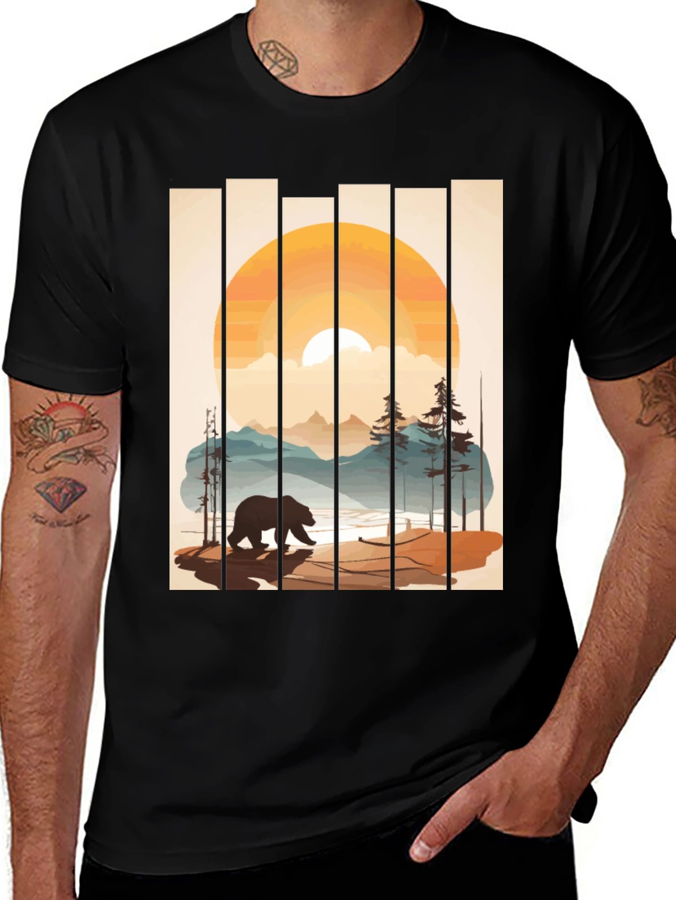 Bear Sunset Graphic Tee - Nature Inspired Black T-Shirt