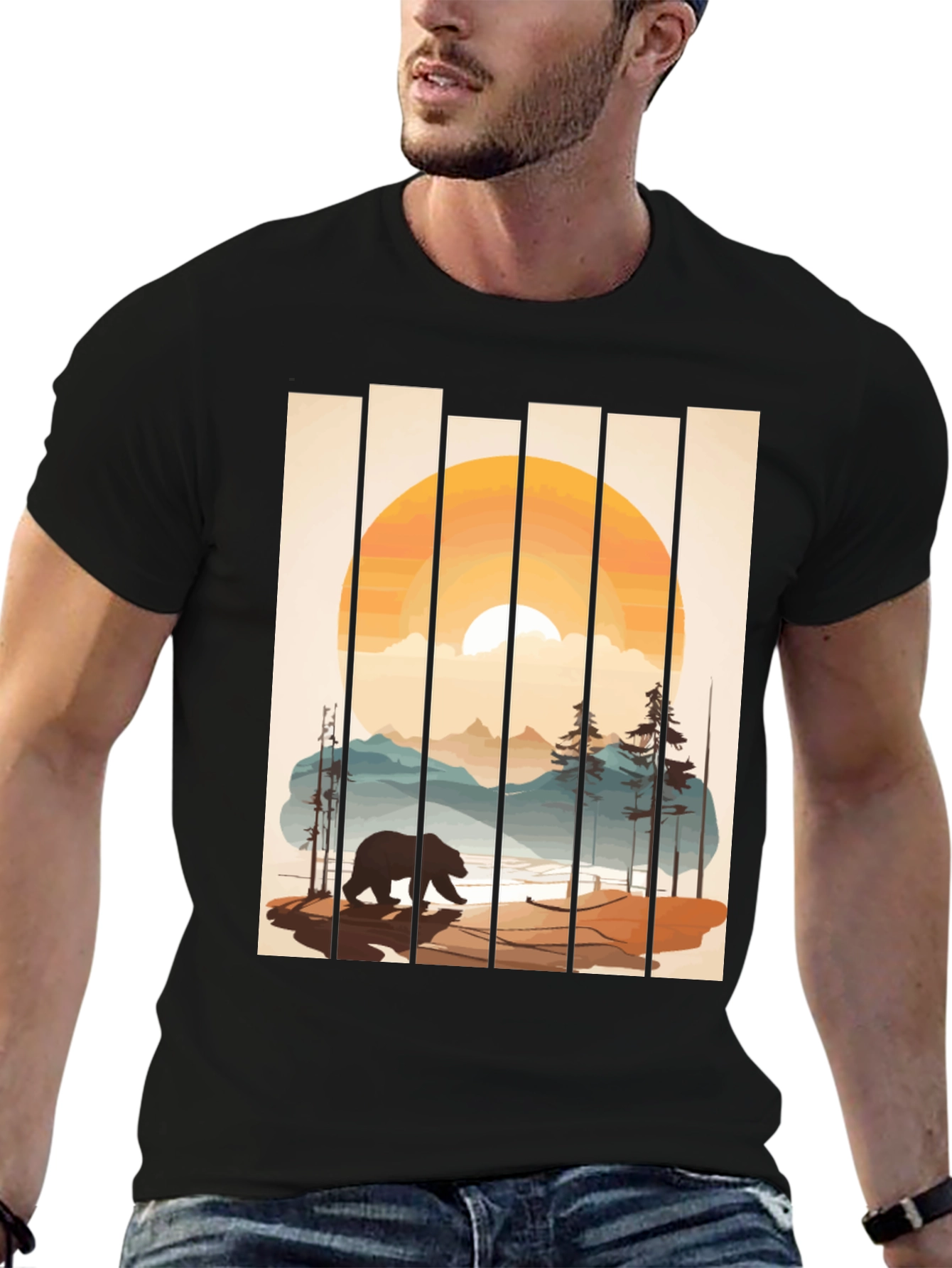 Bear Sunset Graphic Tee - Nature Inspired Black T-Shirt