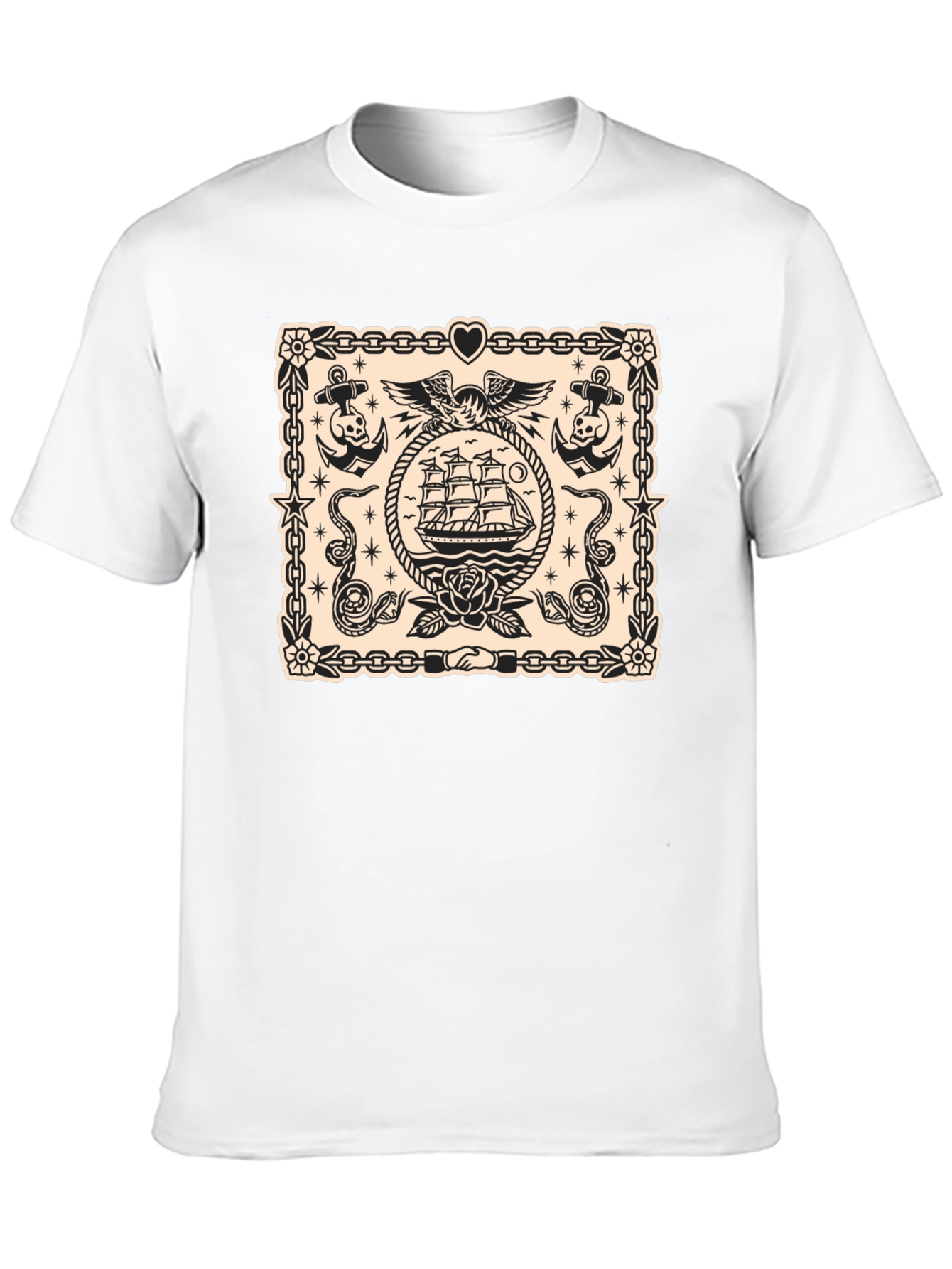 Nautical Tattoo Style Graphic Print Crew Neck T-Shirt