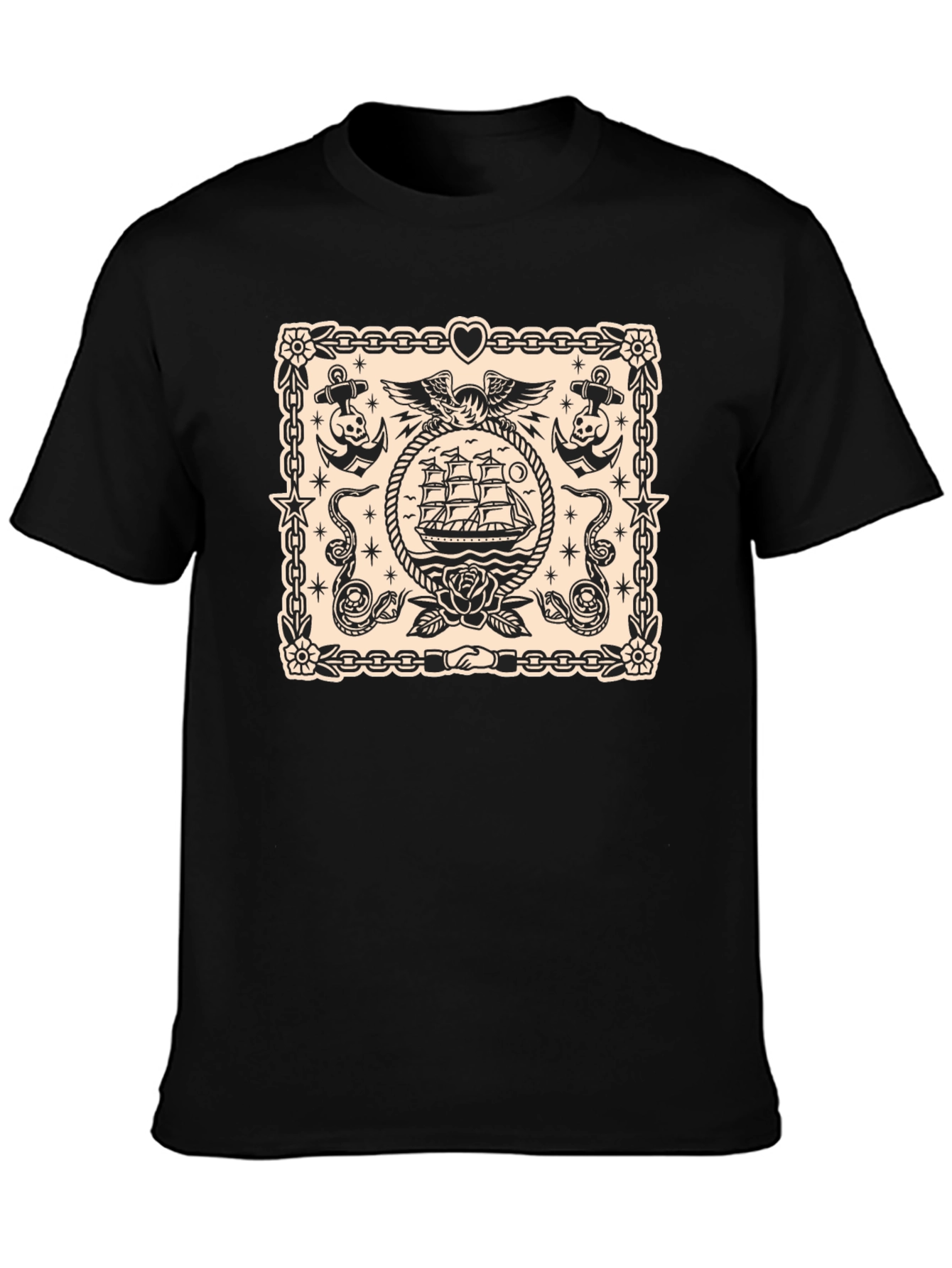 Nautical Tattoo Style Graphic Print Crew Neck T-Shirt