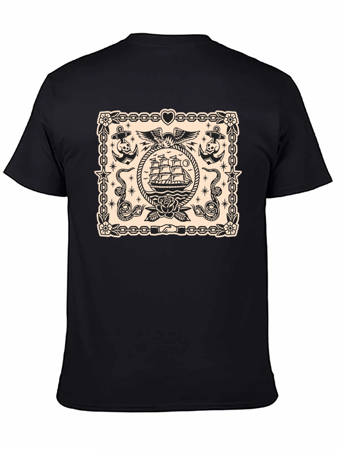 Nautical Tattoo Style Graphic Print Crew Neck T-Shirt