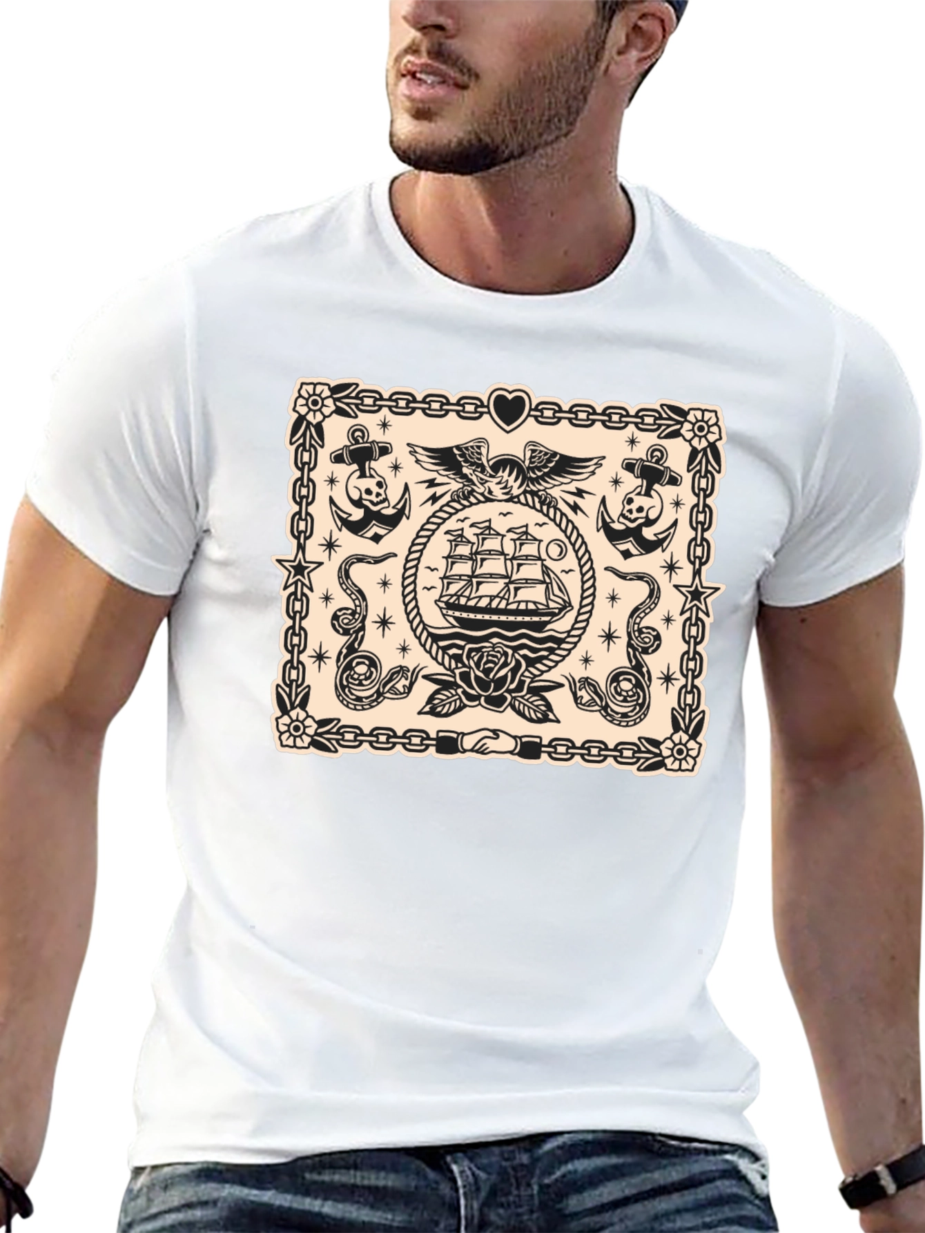 Nautical Tattoo Style Graphic Print Crew Neck T-Shirt