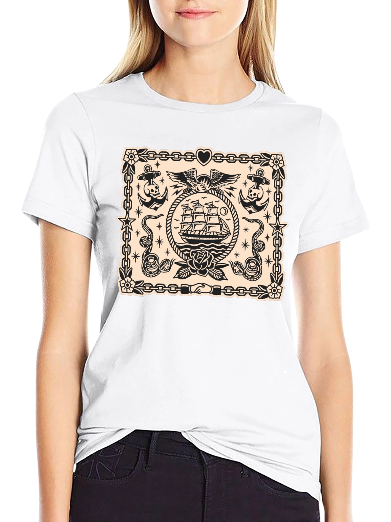 Nautical Tattoo Style Graphic Print Crew Neck T-Shirt