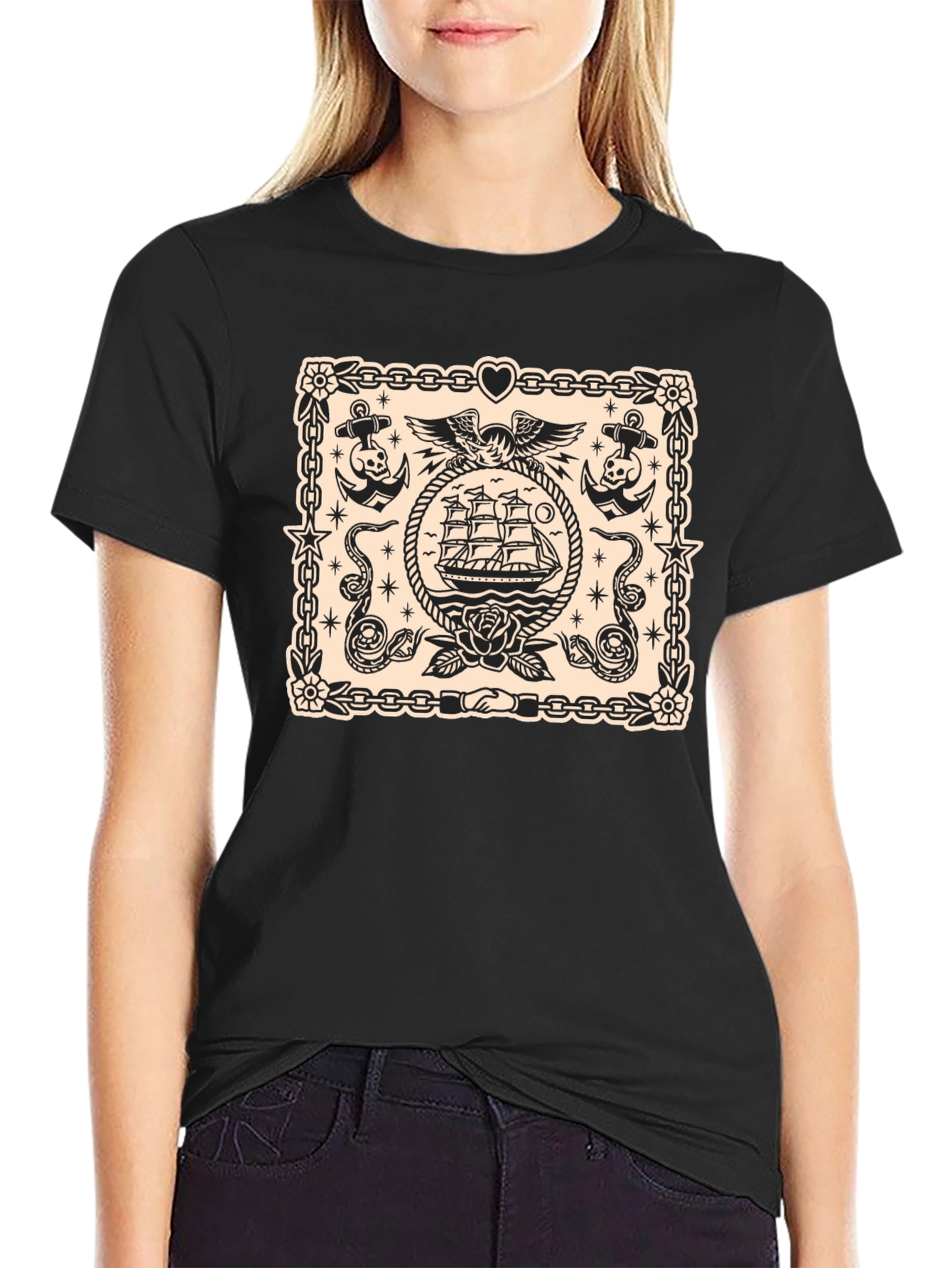 Nautical Tattoo Style Graphic Print Crew Neck T-Shirt