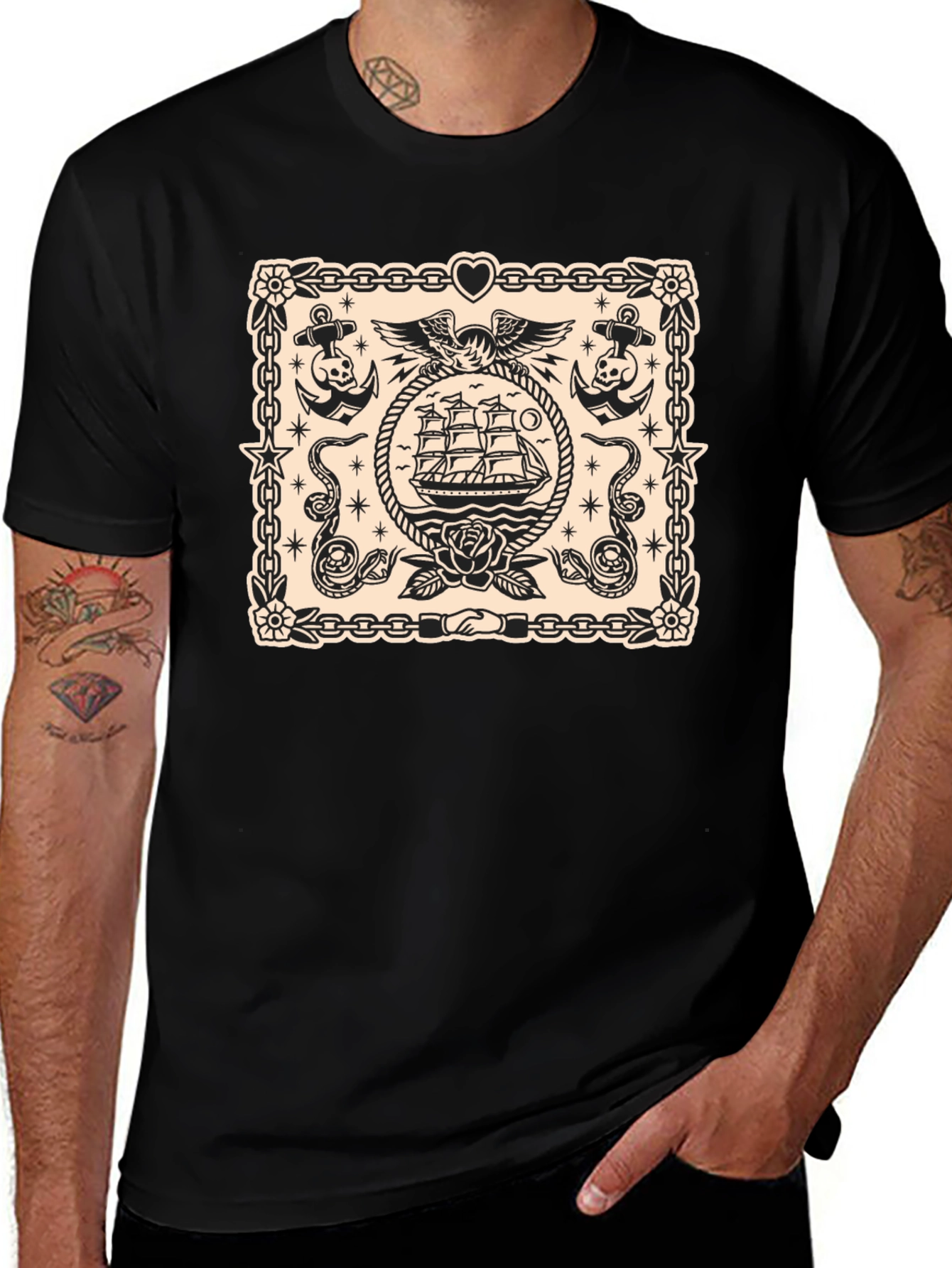 Nautical Tattoo Style Graphic Print Crew Neck T-Shirt