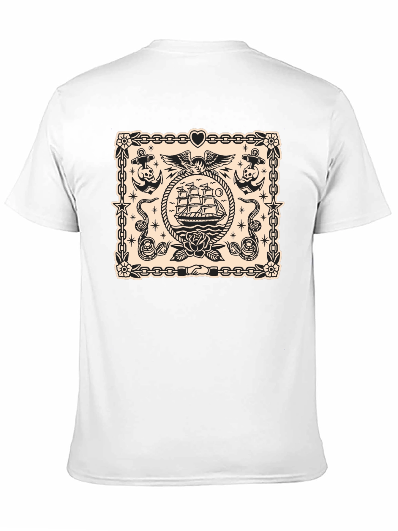 Nautical Tattoo Style Graphic Print Crew Neck T-Shirt