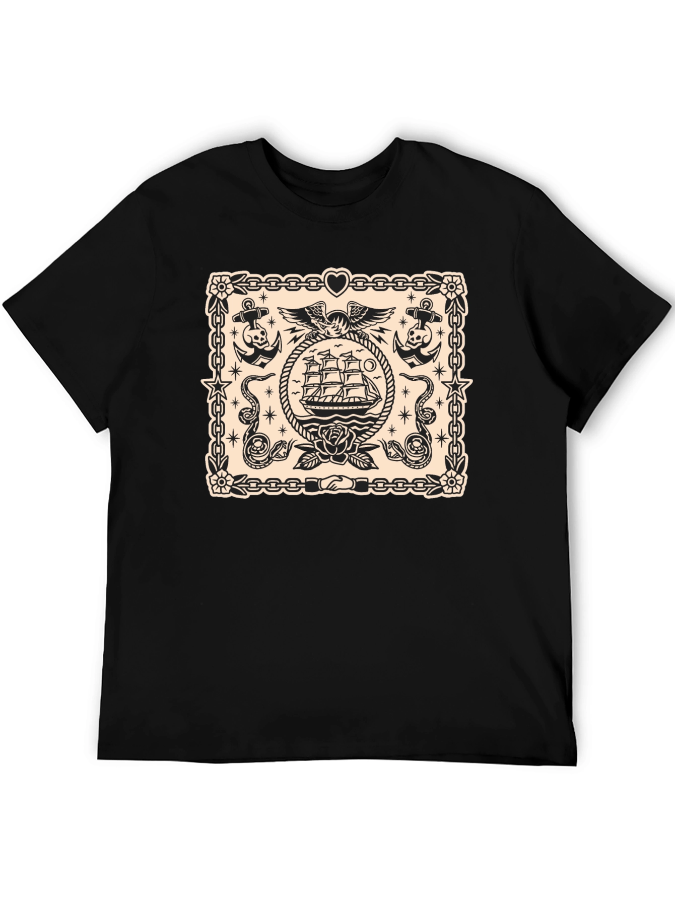 Nautical Tattoo Style Graphic Print Crew Neck T-Shirt