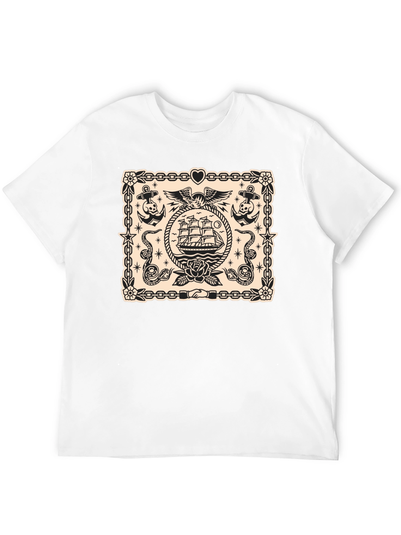 Nautical Tattoo Style Graphic Print Crew Neck T-Shirt