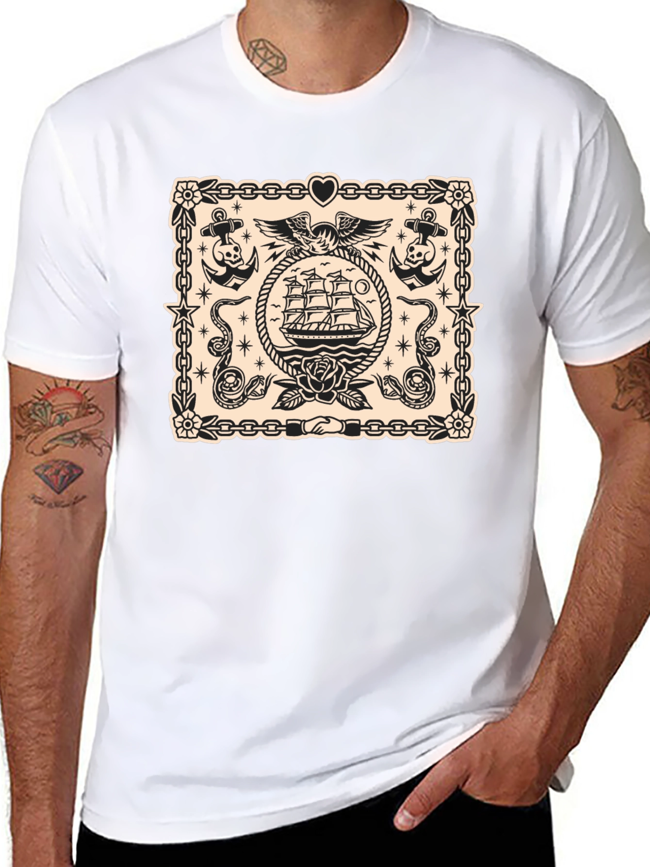 Nautical Tattoo Style Graphic Print Crew Neck T-Shirt
