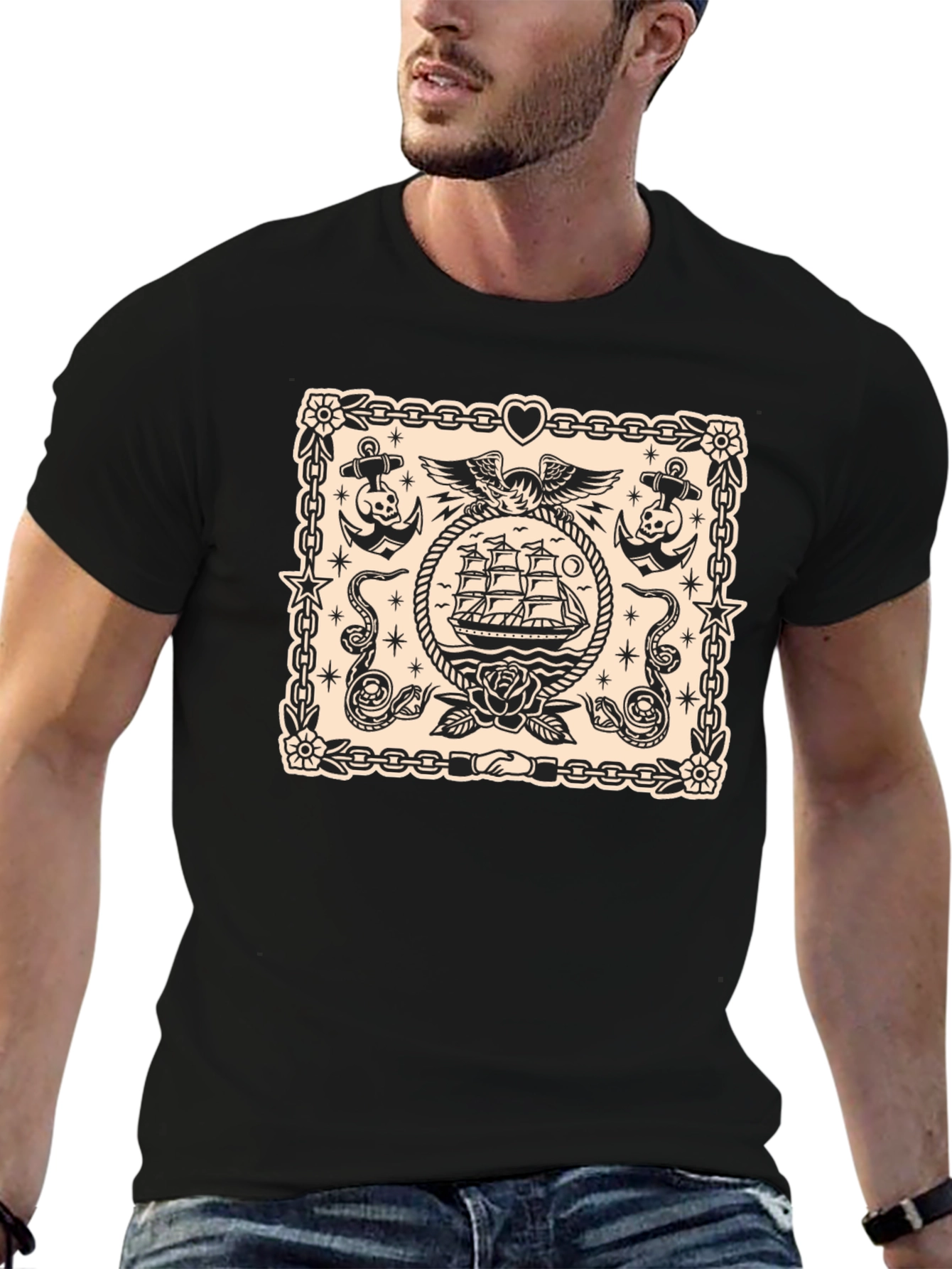 Nautical Tattoo Style Graphic Print Crew Neck T-Shirt