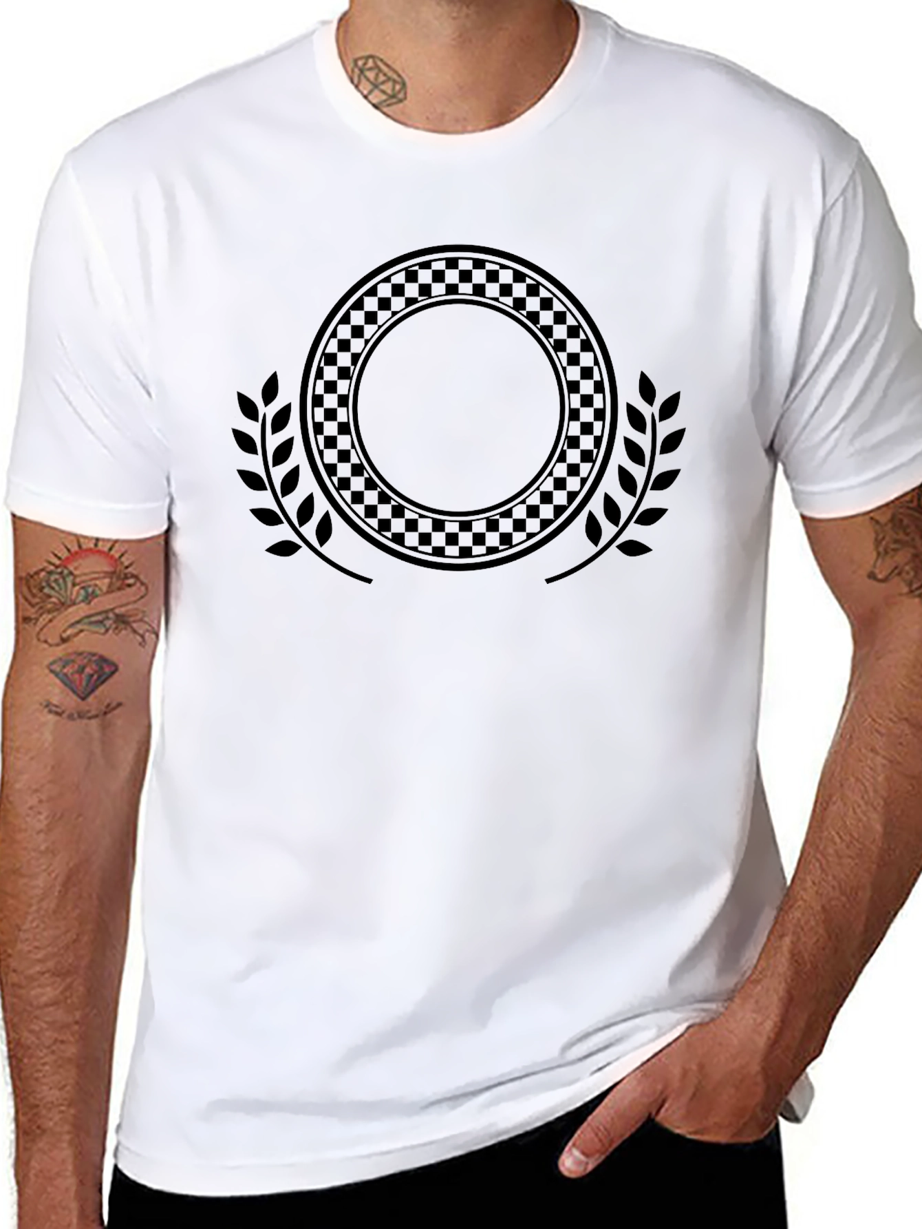 Black Graphic Tee - Wreath & Checkered Circle Design